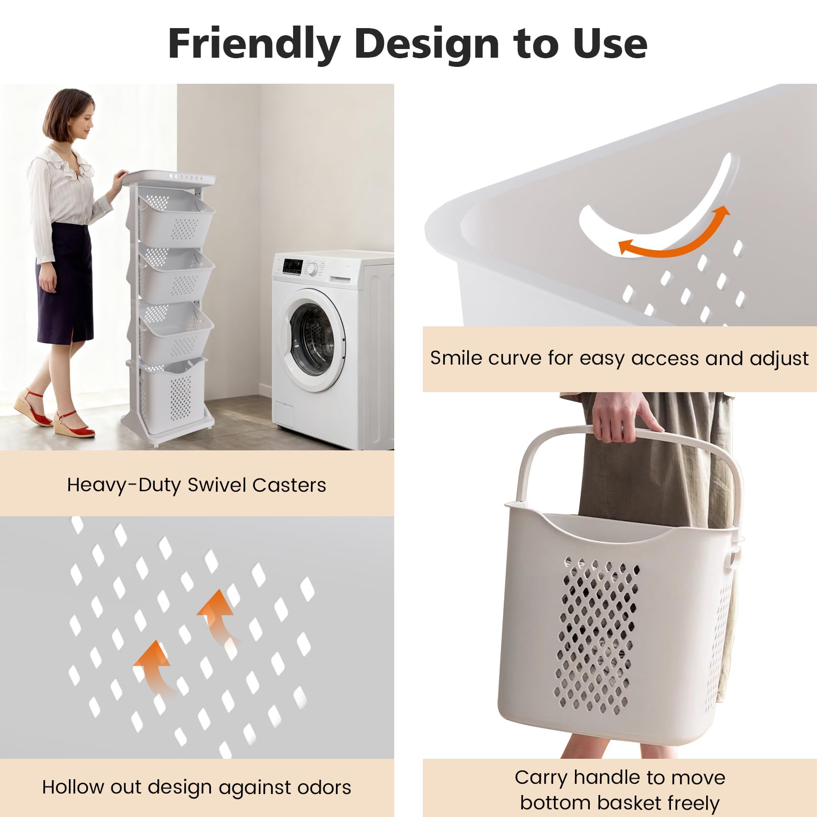 BAOKALER Rolling Laundry Hamper Cart with Wheels, 3 Tier White Laundry Baskets, Clothes Hamper with Portable Storage Baskets for Kitchens, Bathrooms, Bedrooms, Classrooms, Laundry Rooms(75L)