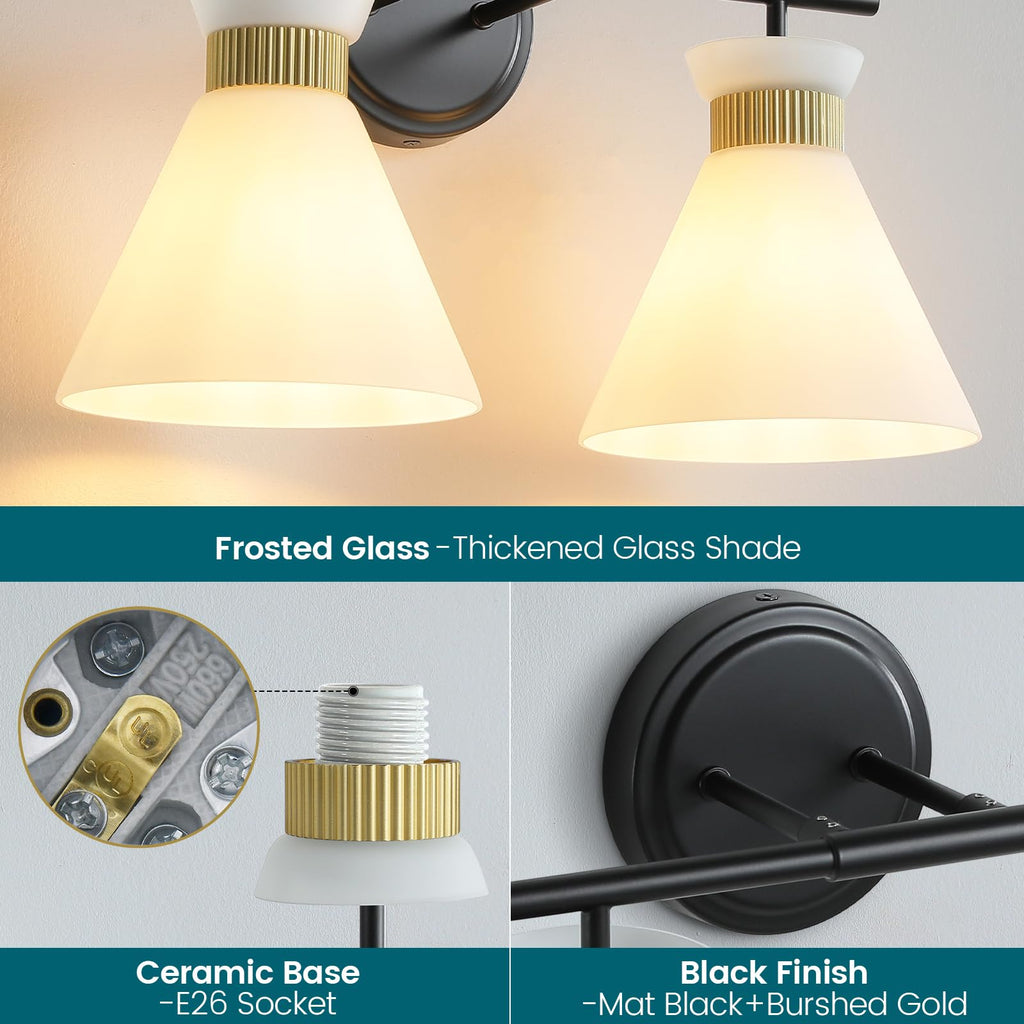 WOSHITU Gold Bathroom Light Fixtures: Modern Vanity Lighting Fixtures 2 Lights for Bathroom Mid Century Vanity Light Sconces Over Mirror with Frosted Milky Glass for Bath Bedroom Makeup
