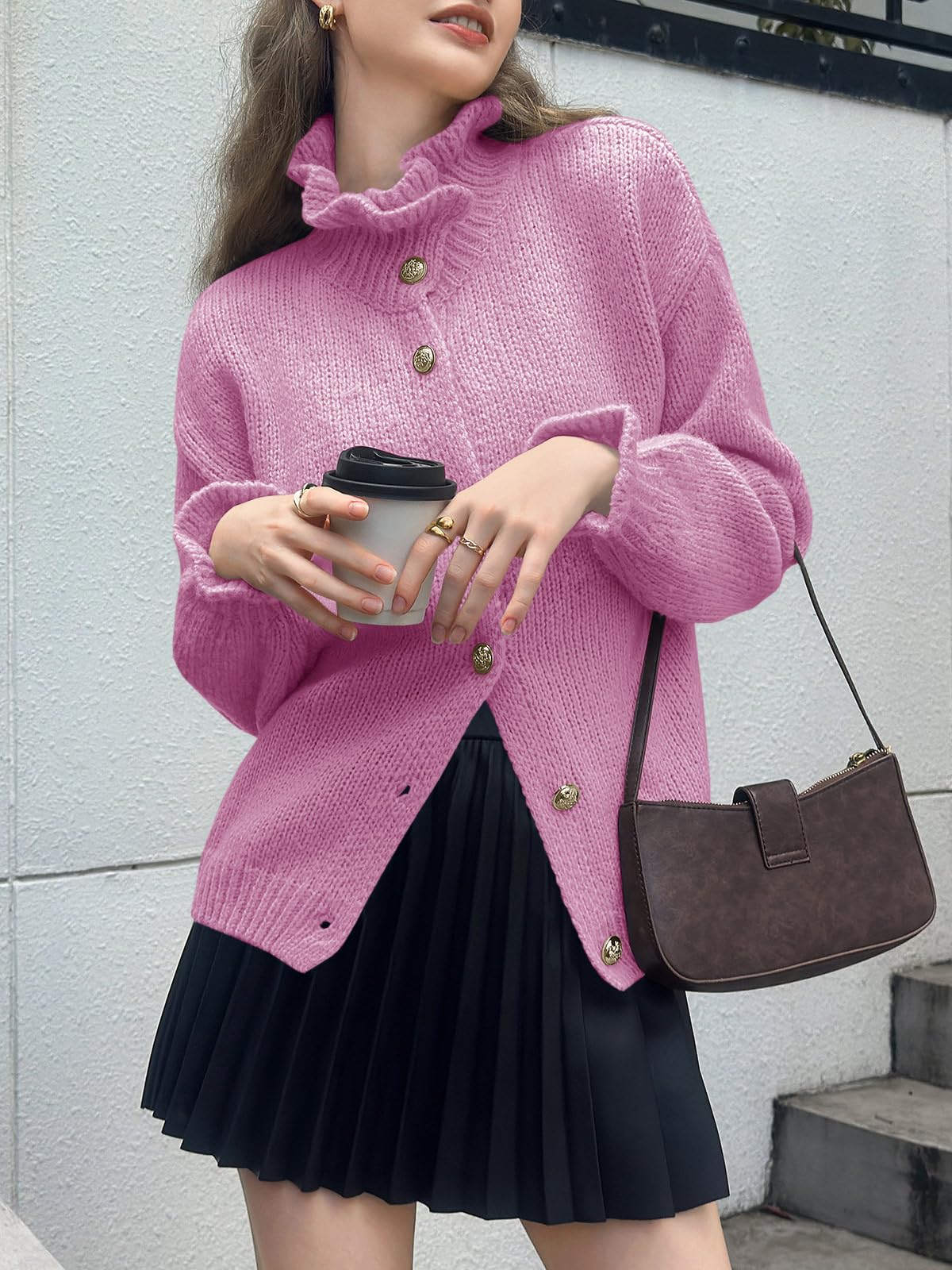 Saodimallsu Womens Ruffle Cardigan Oversized Button Up Fall Trendy Ribbed Knit Open Front Long Sleeve Loose Cute Sweater