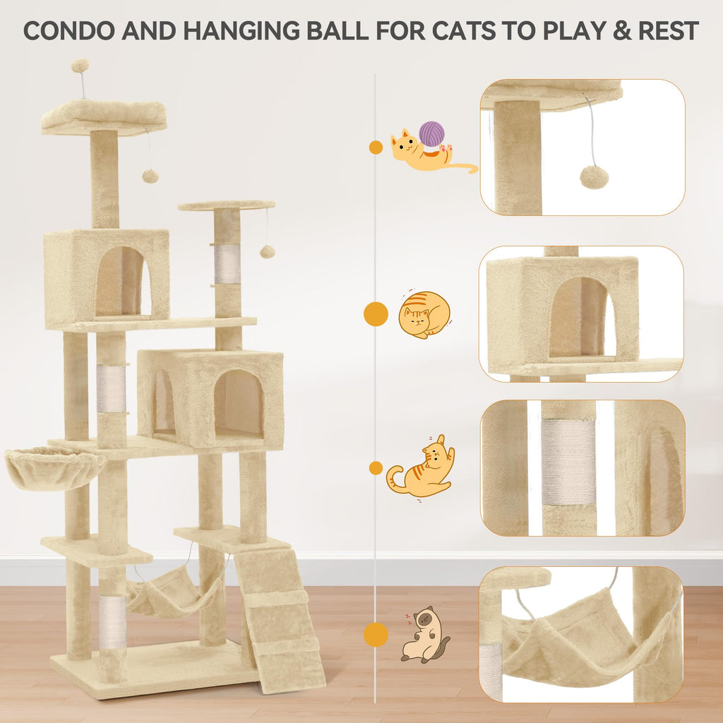 YITAHOME 44in Multi-Level Cat Tree for Indoor Kittens, Cat Furniture with Scratch Posts, Window Padded Plush Perch, Comfortable Hammock, and Interactive Pompoms, Beige