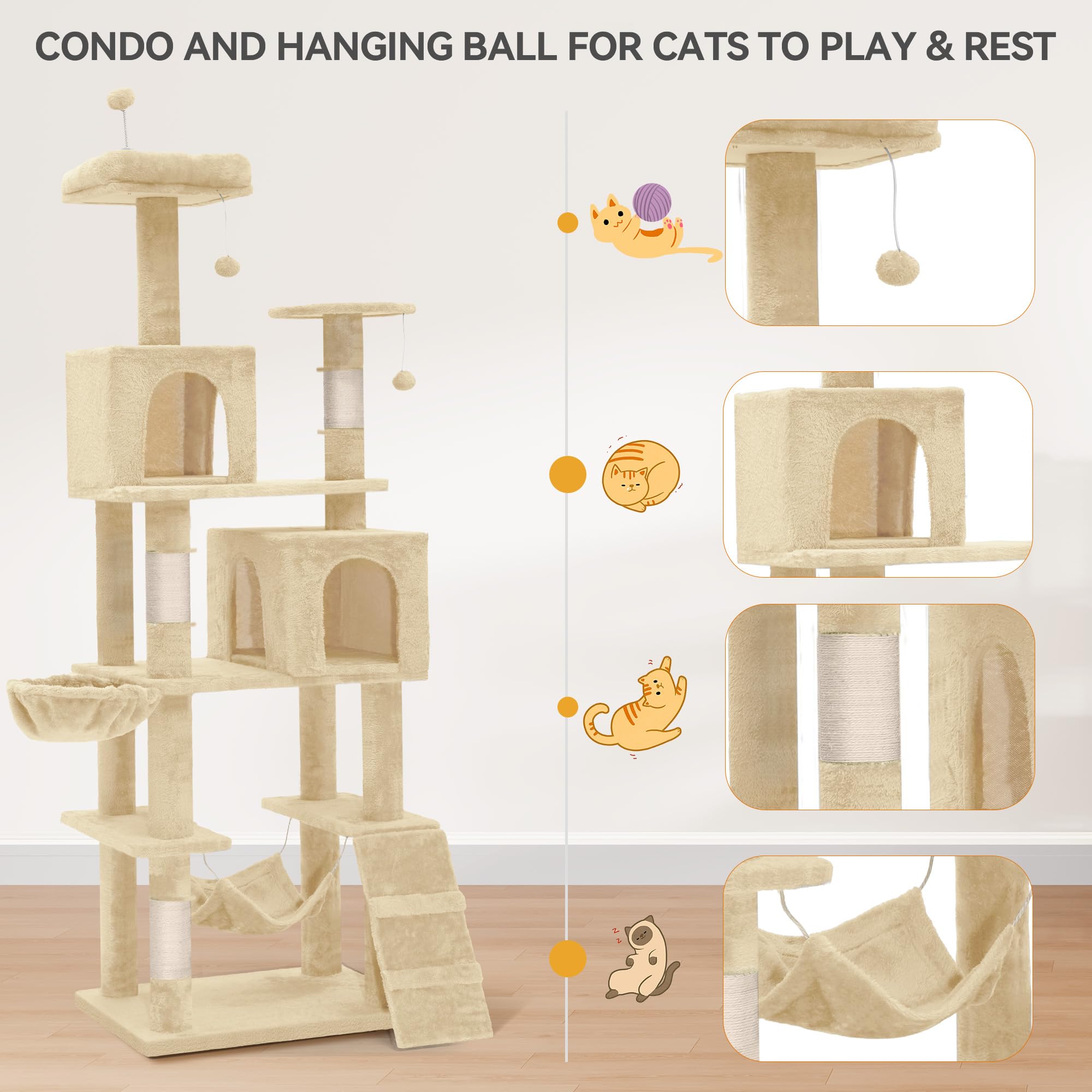 YITAHOME 44in Multi-Level Cat Tree for Indoor Kittens, Cat Furniture with Scratch Posts, Window Padded Plush Perch, Comfortable Hammock, and Interactive Pompoms, Beige