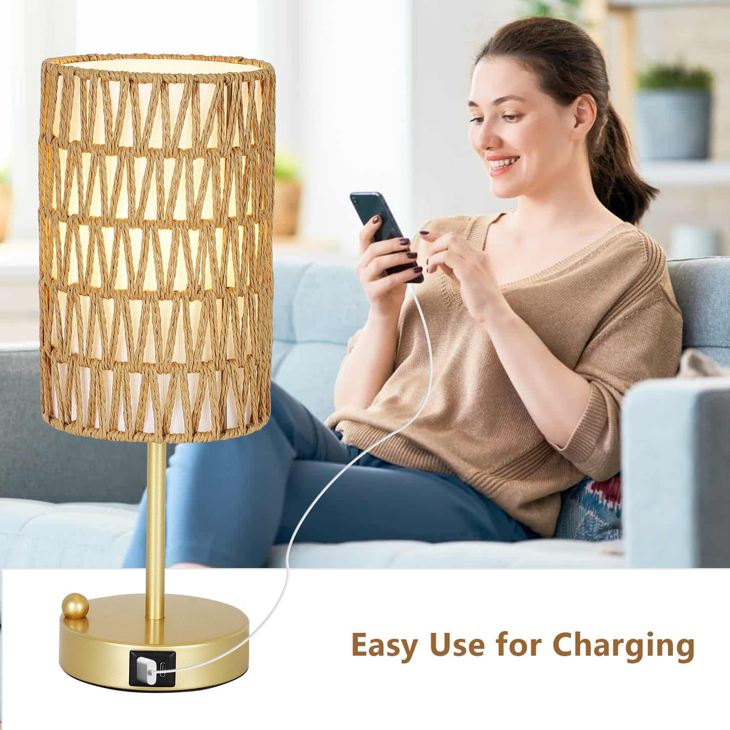 Rattan Bedside Table Lamps Set of 2 - Boho Lamps With 3 Color Temperatures & USB AC Port, Pull Chain Table Lamp For Bedroom, Cute Small Lamp For Nightstand Office Desk Bed Side End Table Living Room