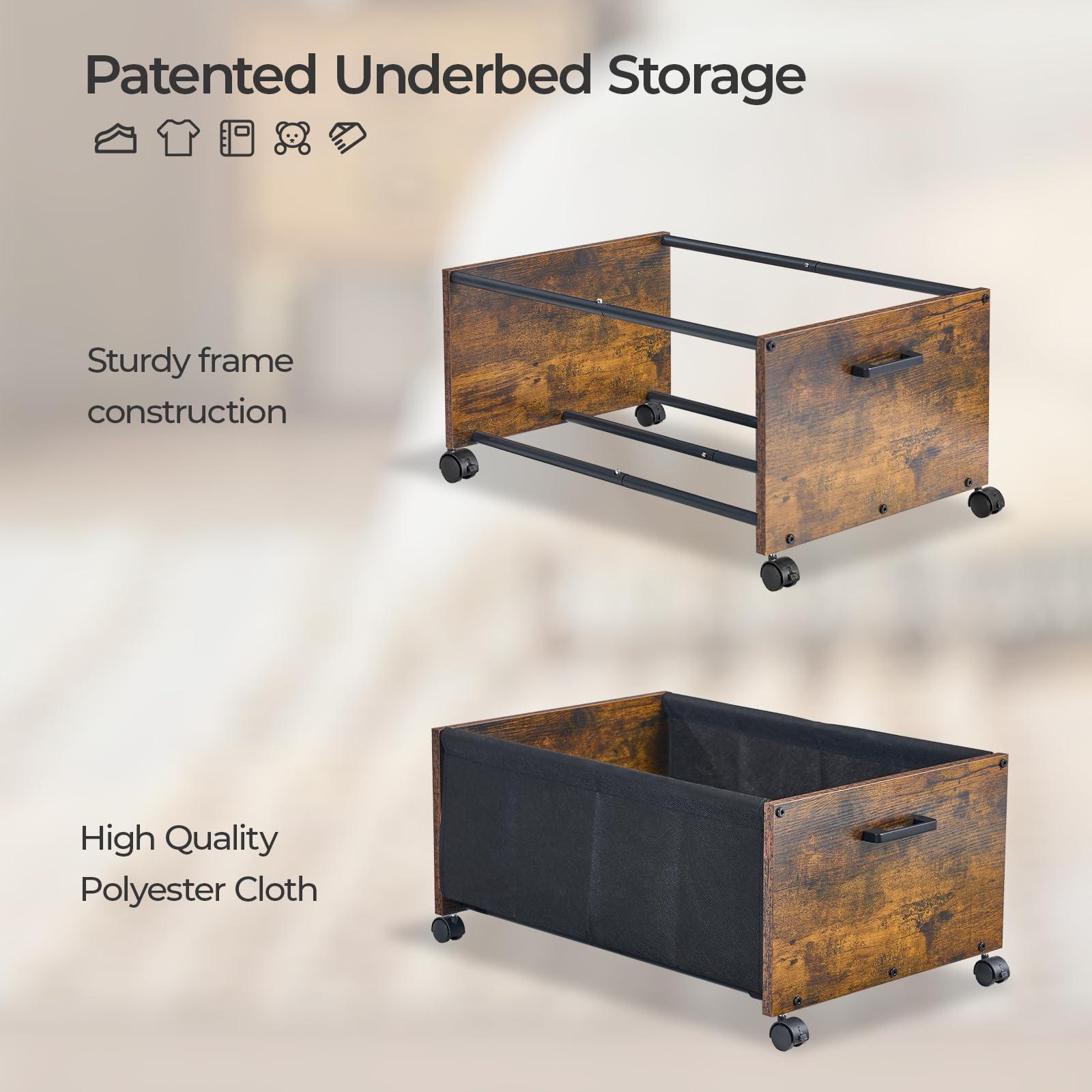 FOUCSSOMEI Under Bed Storage with Wheels, Wooden Under Bed Drawers On Wheels, Rolling Under Bed Shoe Storage, Space Saving, Black,30L