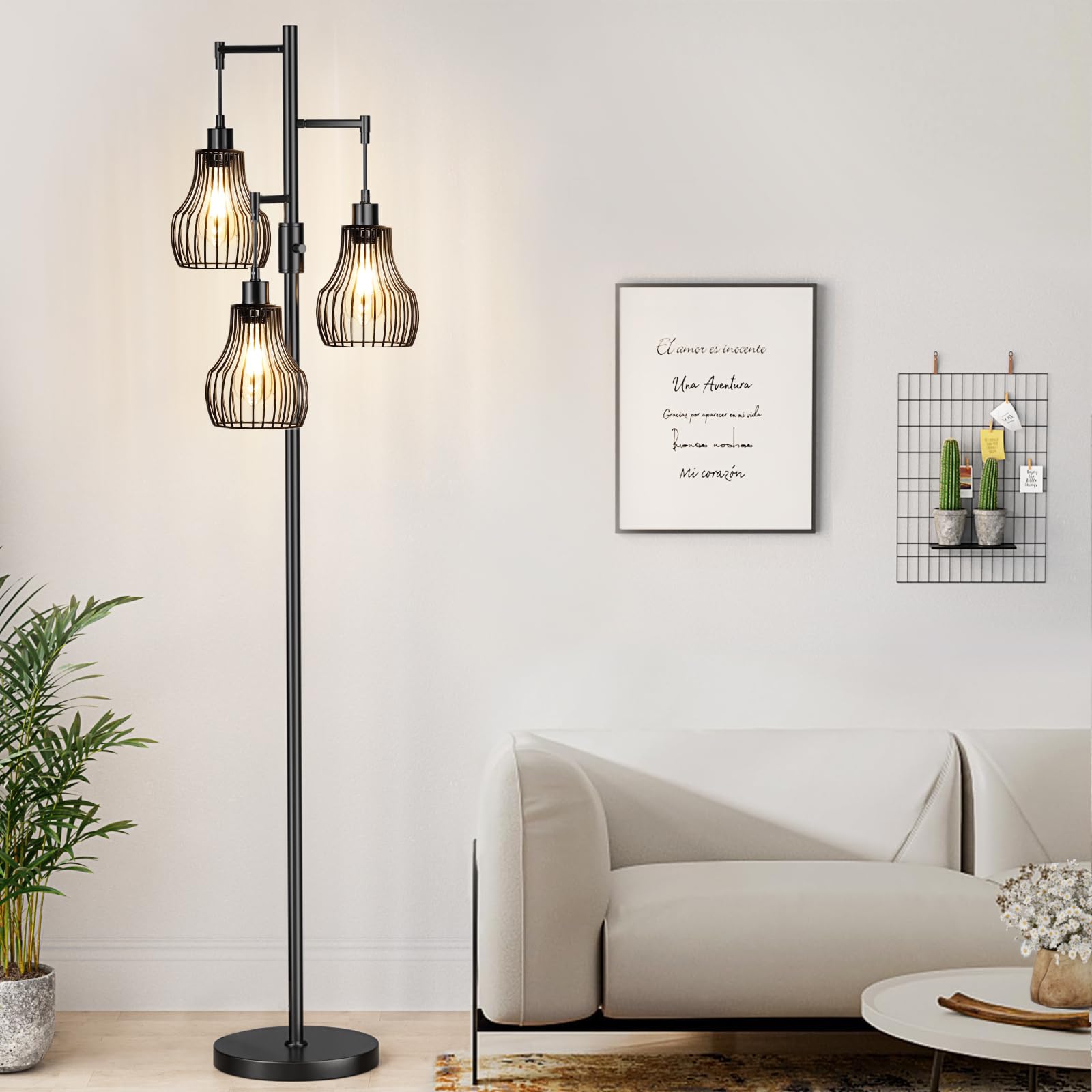 Ziisee Dimmable Floor Lamps for Living Room, Industrial Tree Standing Tall Lamps with 3 Elegant Cage Shade & 800 Lumens LED Bulbs for Bedroom Office - Brown