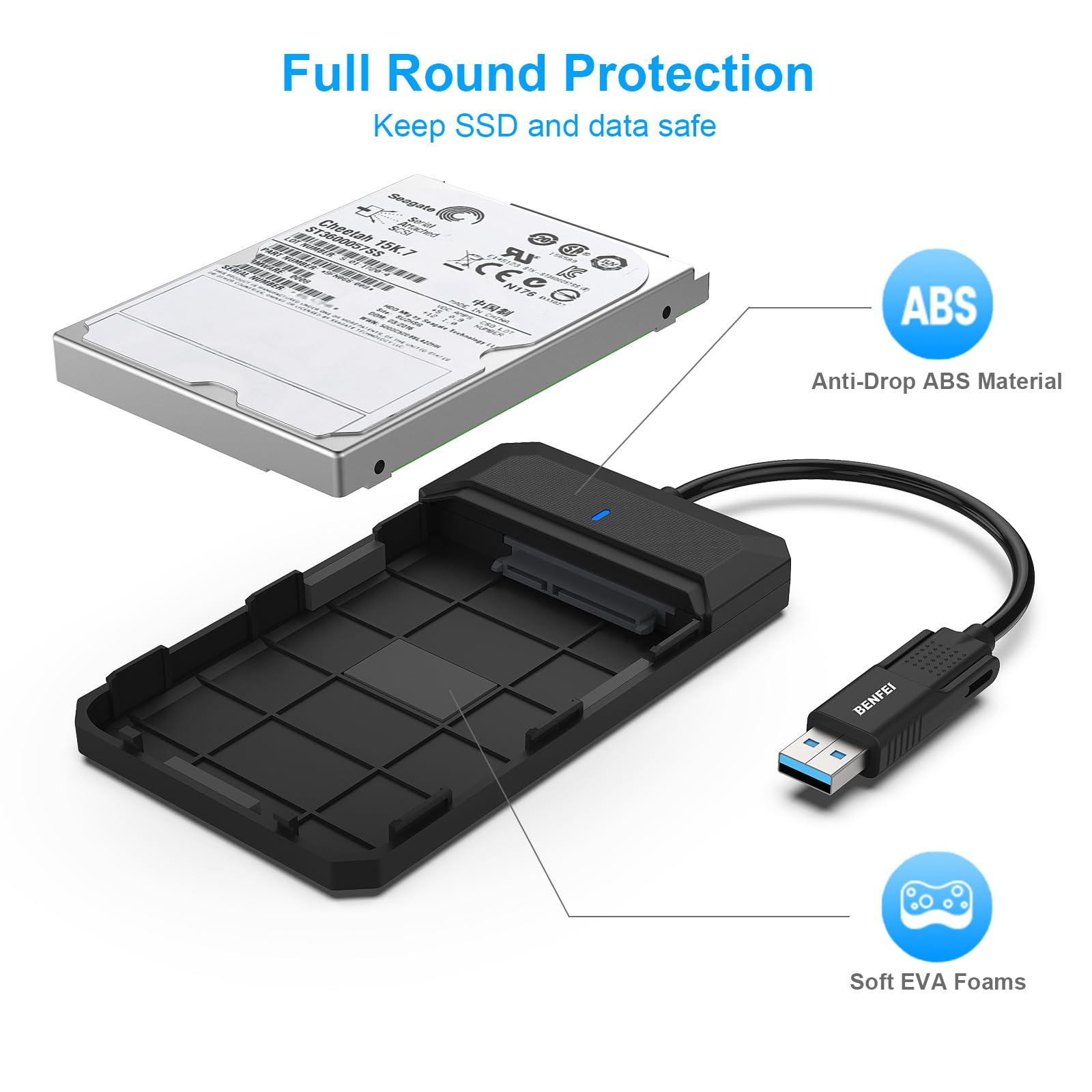 BENFEI 2.5 Inch SATA to USB Tool Free External Hard Drive Enclosure (6Gbps, Optimized for SSD, Support UASP SATA III)