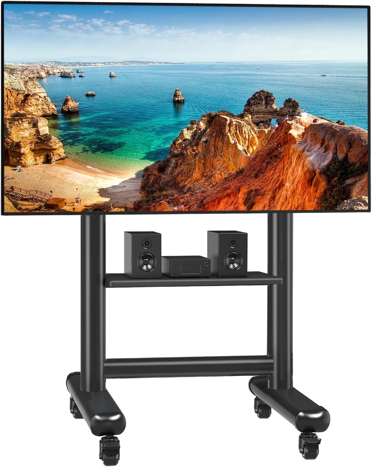 TVON Mobile TV Stand for 50-98 Inch LED LCD OLED 4K Flat/Curved Screen TV Max VESA 800x600mm, Outdoor TV Stand with Height Adjustable and Large Shelf, Floor TV Stand with Wheels Holds up to 150 Lbs
