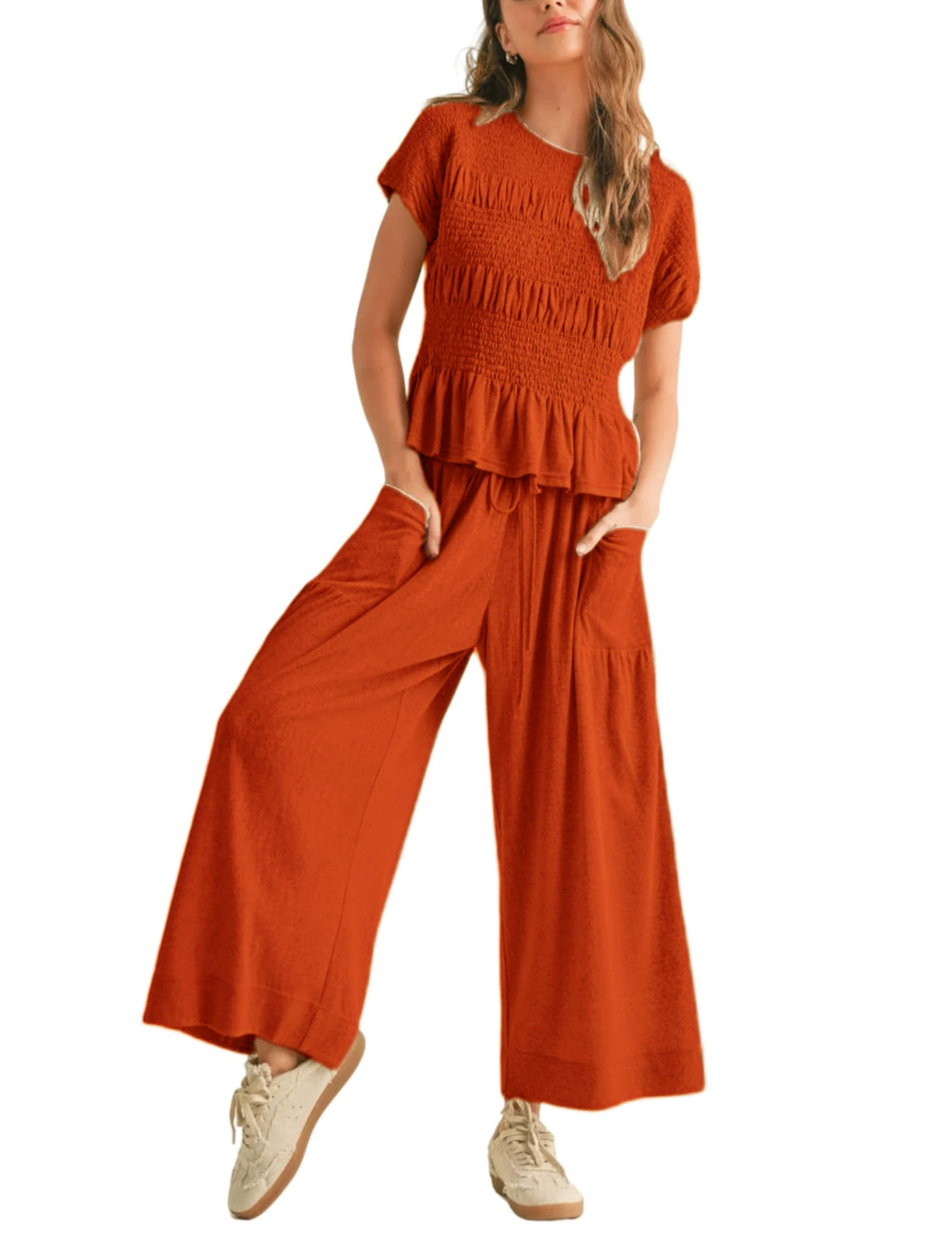 Antnation Womens 2 Piece Smocked Top Wide-Leg Pants Set High-Waisted Lounge Outfit with Pockets Casual Boho Matching Set