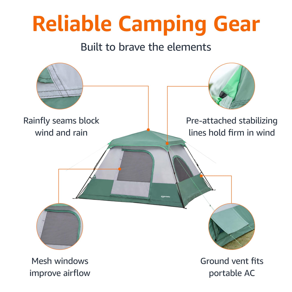 Amazon Basics Instant Camping Tent with Rainfly, Weather-Resistant, Quick Setup