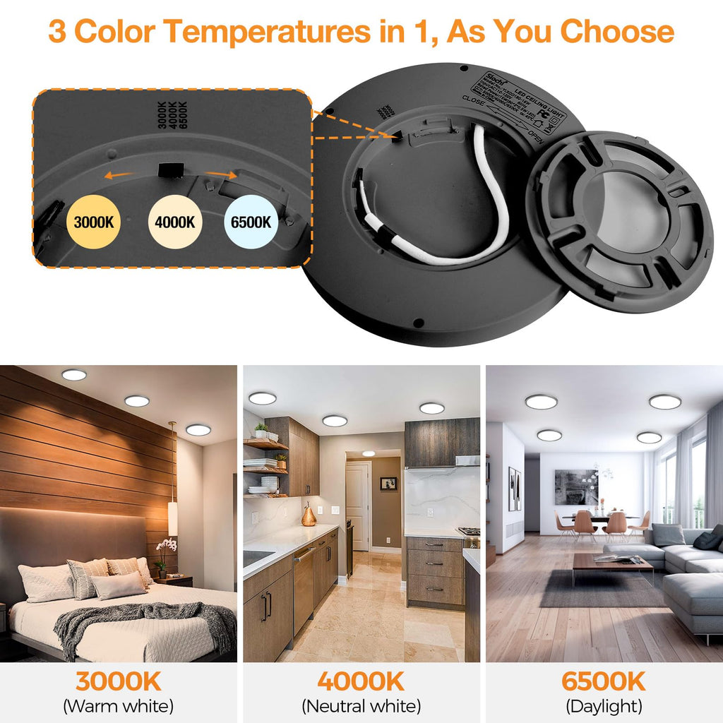 1PACK LED Flush Mount Ceiling Light Fixture, 3000K-4000K-6500K & 100W Equivalent Modern Kitchen Ceiling Lamp 15W 1500Lm 7.5 Inch Closet Round Surface for Bathroom Laundry Bedroom Hallway, Black