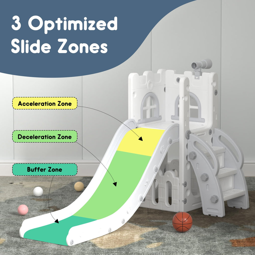 LulliSpace 6 in 1 Toddler Slide,Kids Playset for Toddlers Indoor Outdoor, Baby Slide with Basketball Hoop, Telescope & Storage Space,Non-Slip Steps for Great Gift
