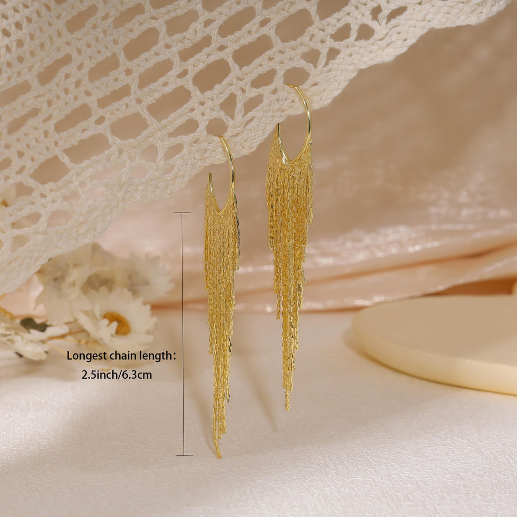 Gold Earrings for Women, 14K Gold Plated Tassel Dangle Earrings for Women Trendy Hypoallergenic Long Chain Earring Dainty Pearl Drop Earrings Elegant Wedding Earring Fashion Jewelry for Womens