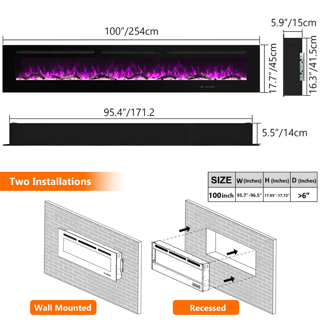 Electric Fireplace 30 inch Wide, Wall Mounted Fireplace Inserts Electric Heater, 13 * 13 Flame Effects Like Real Flame, Low Noise, Timer & Thermostat Setting, 750W/1500W, Black