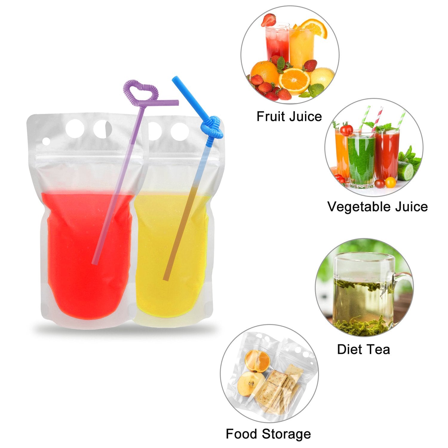 100 Pcs Drink Pouches with 100 Straw Holes, Freezable Juice Pouches, Translucent Reclosable Zipper Plastic Pouche Drink Bags for Cold & Hot Drinks for Adults and Kids World Cup Party