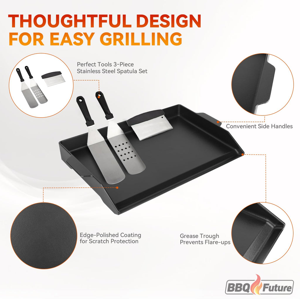 Carbon Steel Griddle for Gas Grill, Double Burner Griddle Compatible with Induction, Stove Top, Electric, Oven - 17" x 10" Professional Cookware for Cooktop, NonStick Griddle Pan