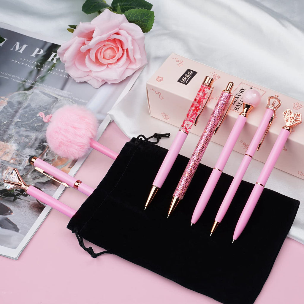 WEMATE 8Pcs Ballpoint Pens Set Metal Crystal Diamond Pen Glitter for Journaling Black Pen Bling in Black & Blue Ink Pretty Cute Pens Fancy Pens Gifts for Women Wedding School Office Desk(Black)