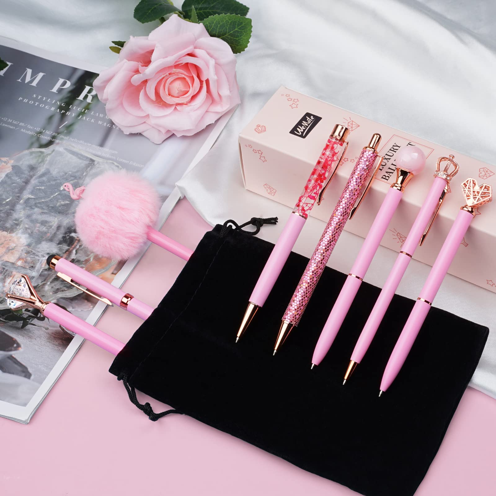 WEMATE 8Pcs Ballpoint Pens Set Metal Crystal Diamond Pen Glitter for Journaling Black Pen Bling in Black & Blue Ink Pretty Cute Pens Fancy Pens Gifts for Women Wedding School Office Desk(Black)