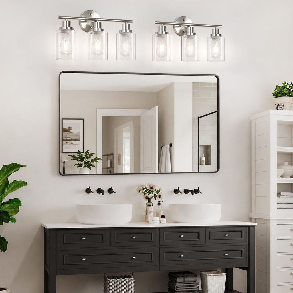 Unicozin 2 Pack Modern Bathroom Light Fixtures, 3 Light Vanity Lights, Black Wall Lamp with Clear Glass for Bathroom, Mirror, Living Room, Bedroom, Hallway, E26 Base