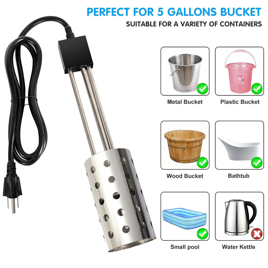 1500W Bucket Heater, Rust Proof Built in Temperature Controller Immersion Water Heater, Heats 5 Gallons of Water in Minutes with Auto Shutoff, for Home Outdoor Camping and Winter Job