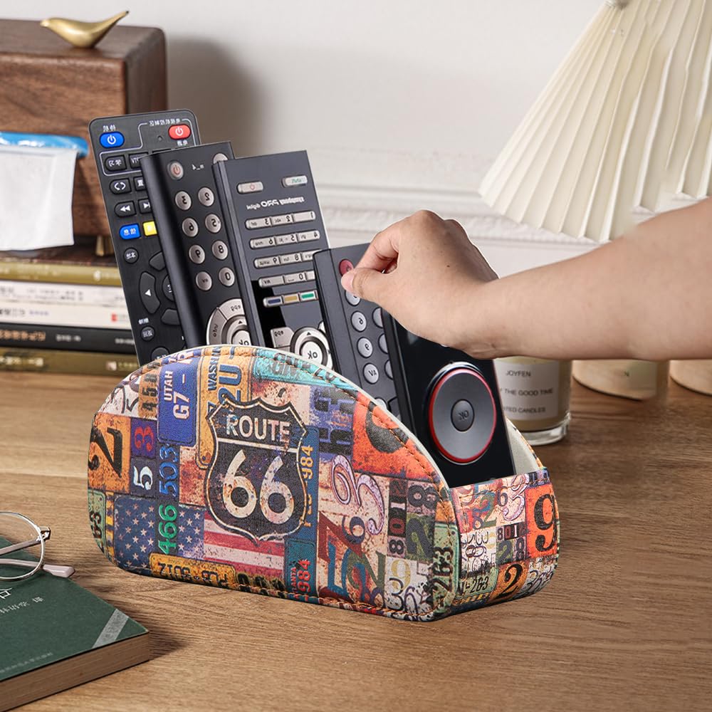 YAPISHI All-in-One Leather Brown TV Remote Holder with 5 Compartments Nightstand Desktop Media Player Remote Caddy Storage Box Organizer Tray for Mobile Office Phone Controller