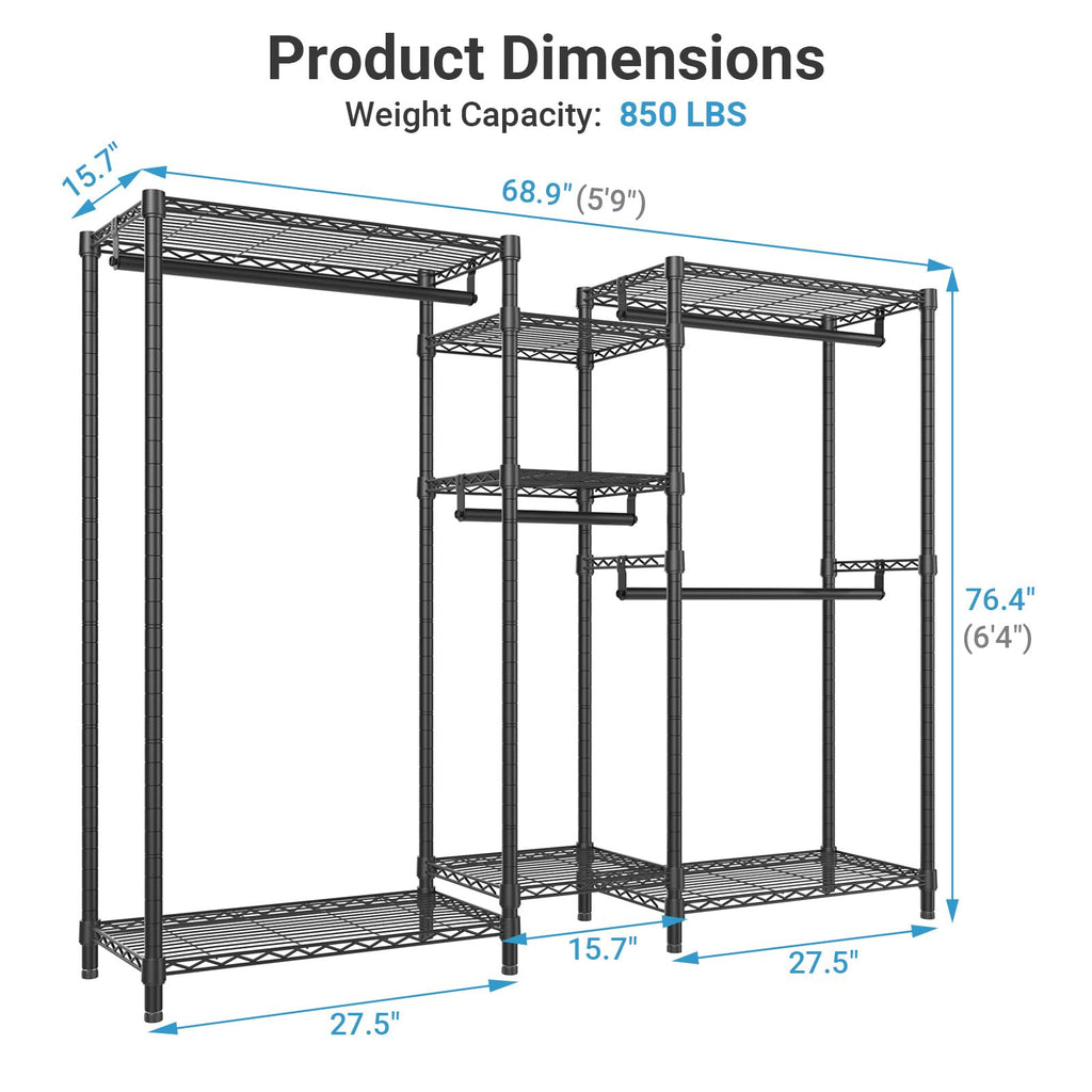 VIPEK Classic V6 Heavy Duty Clothes Rack, 7-Tier Garment Rack with Adjustable Shelves, Portable Closet Organizer with 4 Hanging Rods, Space-Saving, 850lbs Capacity, 68.9" L x 15.7" W x 76.4" H, Black