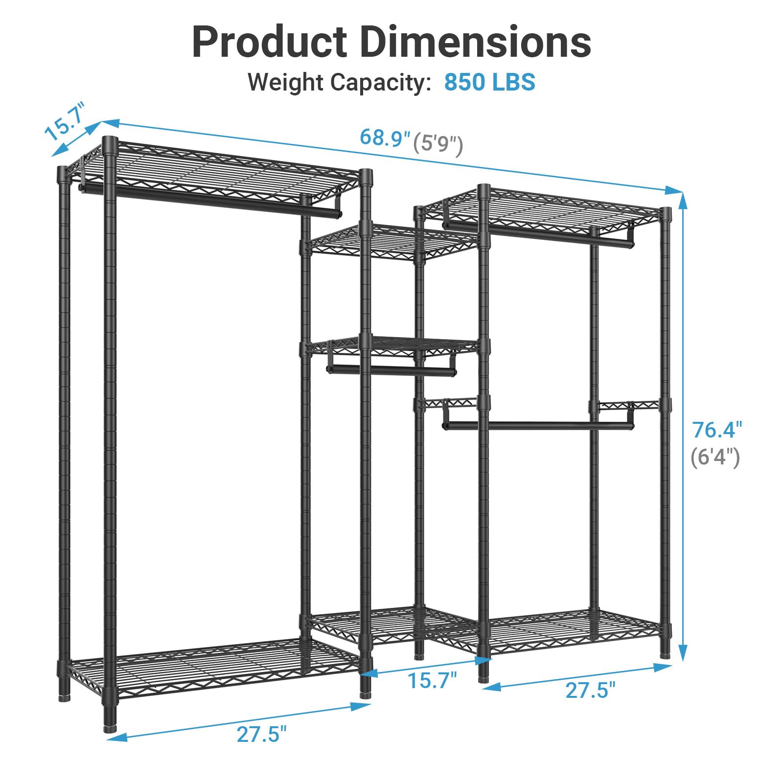 VIPEK Classic V6 Heavy Duty Clothes Rack, 7-Tier Garment Rack with Adjustable Shelves, Portable Closet Organizer with 4 Hanging Rods, Space-Saving, 850lbs Capacity, 68.9" L x 15.7" W x 76.4" H, Black
