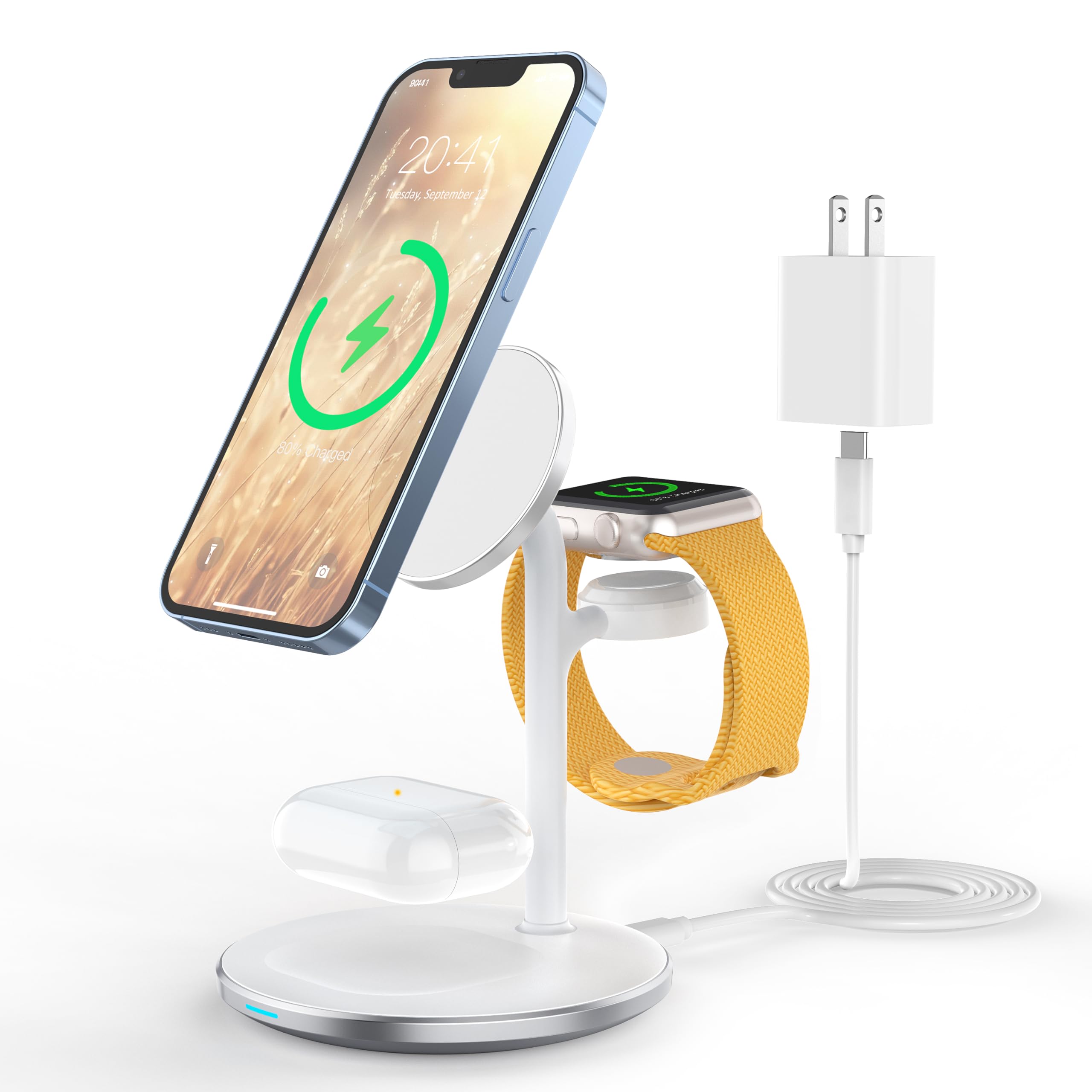 XooFly 3 in 1 Wireless Charging Station for Apple Devices, Fast Wireless Mag-Safe Charger Stand with 20W Adapter for iPhone 17/16 15 14 13 12 Pro Max/Pro/Plus/Air/Mini, iWatch, AirPods (Black)