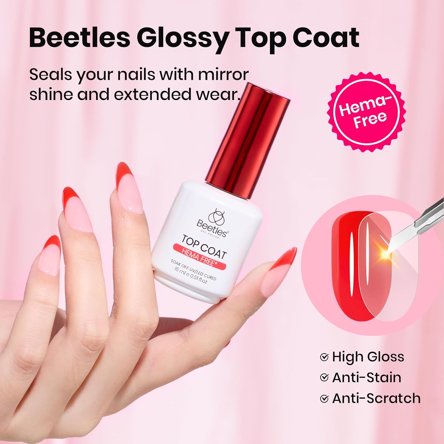 Beetles 2Pcs 15ml Gel Base and Top Coat Set - Upgrade No Wipe Extra Glossy Top Coat Finish for Gel Nail Polish, Soak Off UV/LED Lamp Needed, Essentials for Long-Lasting Manicure Kit