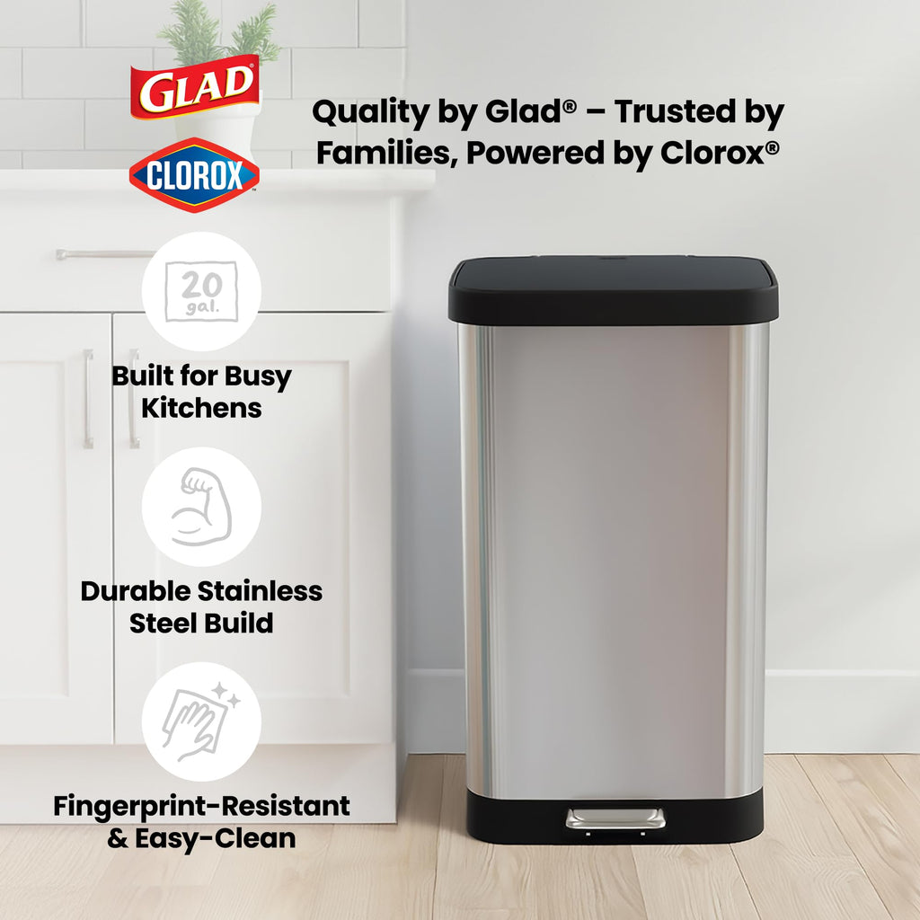 Glad 13 Gallon All Brushed Stainless Steel Trash Can with Clorox Odor Protection | Large Metal Kitchen Garbage Bin with Soft Close Lid, Garbage Bag Rings, Step On Foot Pedal and Waste Bag Roll Holder