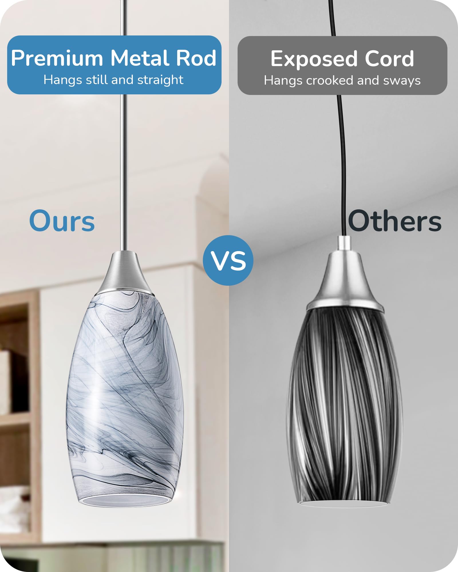 EDISHINE Pendant Light, Hand Blown Hanging Light Fixture, Adjustable Brushed Nickel Rods, 5.12" D x 11.4" H Shade, Blue Glass Pendant Lighting for Kitchen Island, Sink, Bathroom, Dining Room