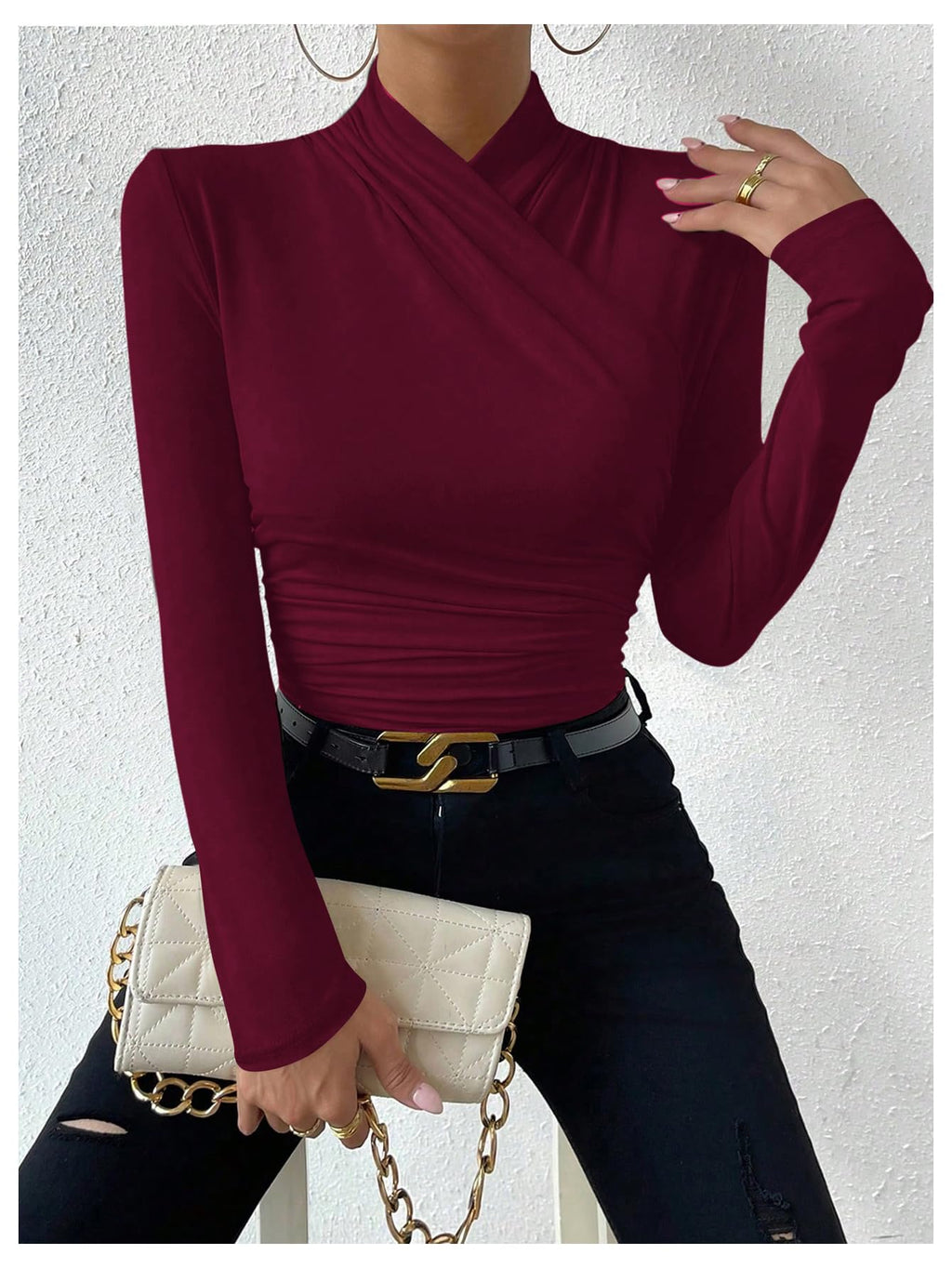 SweatyRocks Women's Ruched Mock Neck Long Sleeve T Shirt Solid Slim Fitted Tee Tops