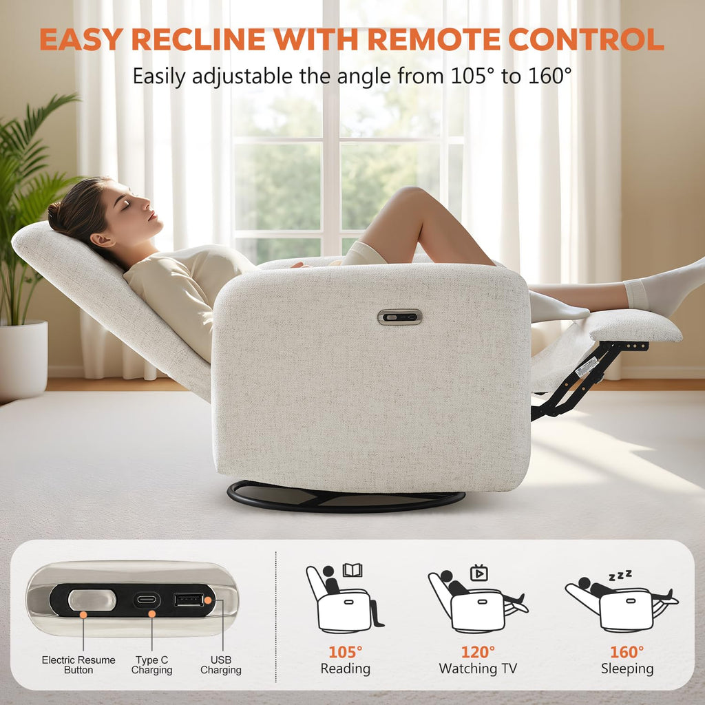 Power Recliner Chair, Swivel Rocker Recliner w/USB & Type-C Charging Ports, Chenille Upholstered Swivel Rocker Glider Recliner for Nursery,Living Room, Bedroom, 1PC, Cream