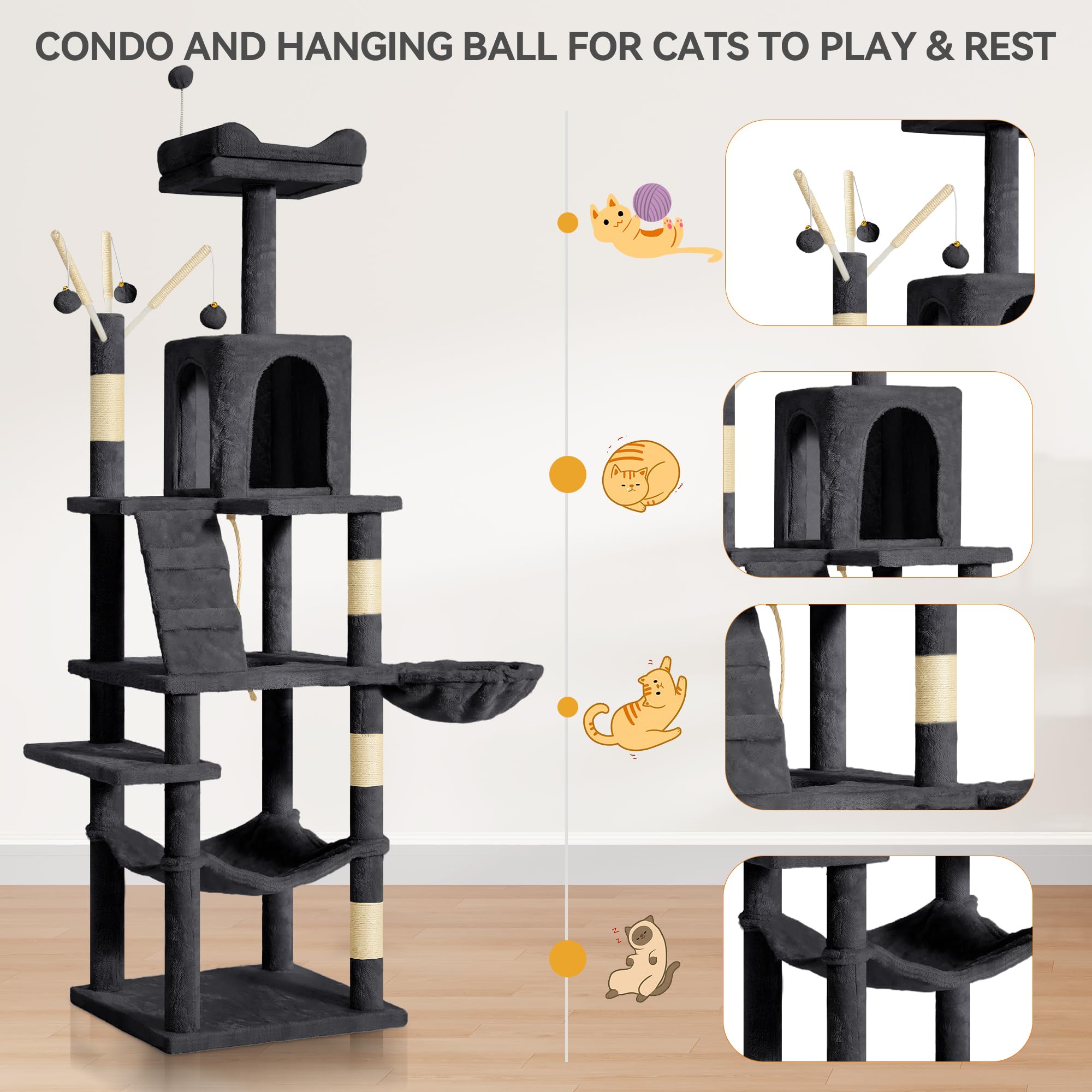 YITAHOME 44in Multi-Level Cat Tree for Indoor Kittens, Cat Furniture with Scratch Posts, Window Padded Plush Perch, Comfortable Hammock, and Interactive Pompoms, Beige