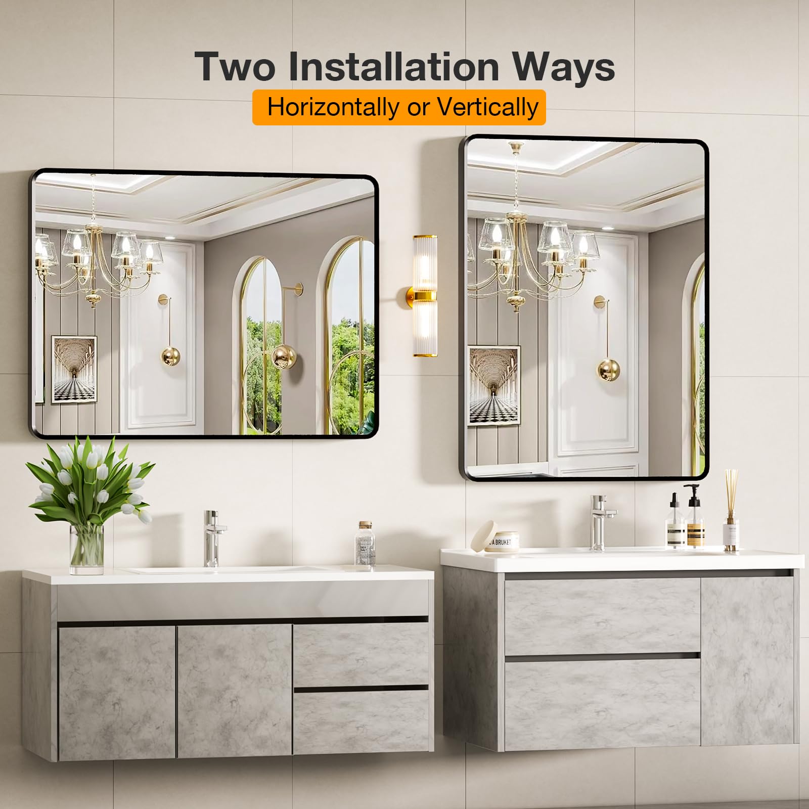 22x30 inch Gold Bathroom Mirror,Rounded Rectangle Gold Metal Framed, HD Tempered Glass, Horizontal or Vertical Hanging, Modern Bathroom Decor