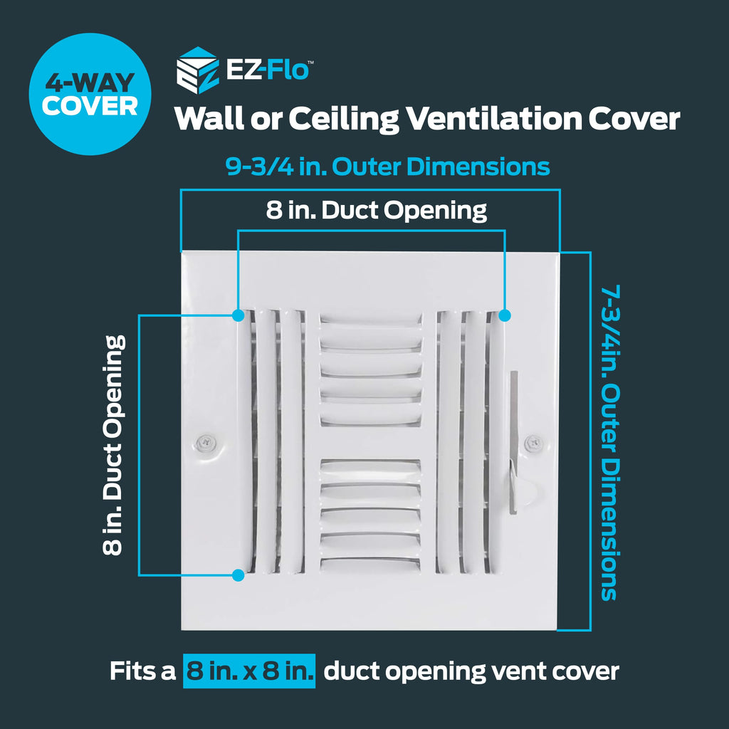EZ-FLO 6 x 6 Inch (Duct Opening) Air Vent Cover for Wall or Ceiling, Four-Way Ventilation Register, Solid Steel HVAC Register Cover, White, 61617