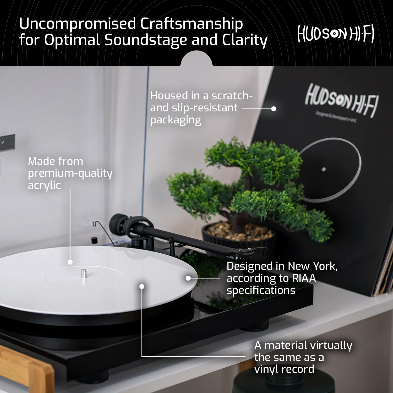 Hudson Hi-Fi Acrylic Turntable Mat – 11.75” Anti-Static Turntable Slipmat with Label Recess – 1/8” Thick Acrylic Platter Mat for Vinyl LP Record Players – Black