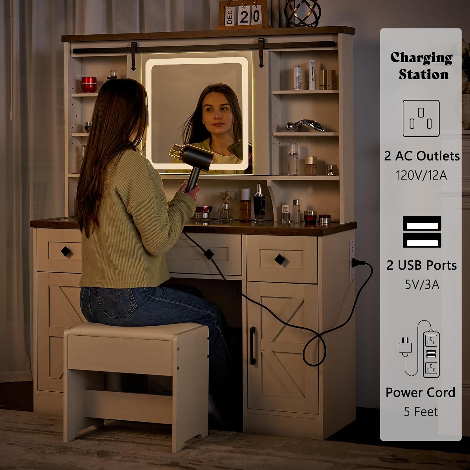 AMERLIFE 47.2" Farmhouse Vanity Desk with Mirror and Lights, Rustic Makeup Vanity Table with Charging Station, Vanity Set with Stool & Storage, LED Sliding Mirror & Glass Top, Antique White Finish