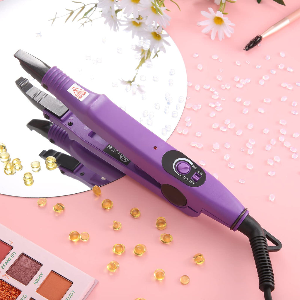 Hair Extensions Iron Fusion Keratin Hair Extensions Heat Tool Heat Connector Wand with Fusion Glue Protector Template Hair Clip Finger Protector 2 Bag Keratin Glue Granule Bead(Black)