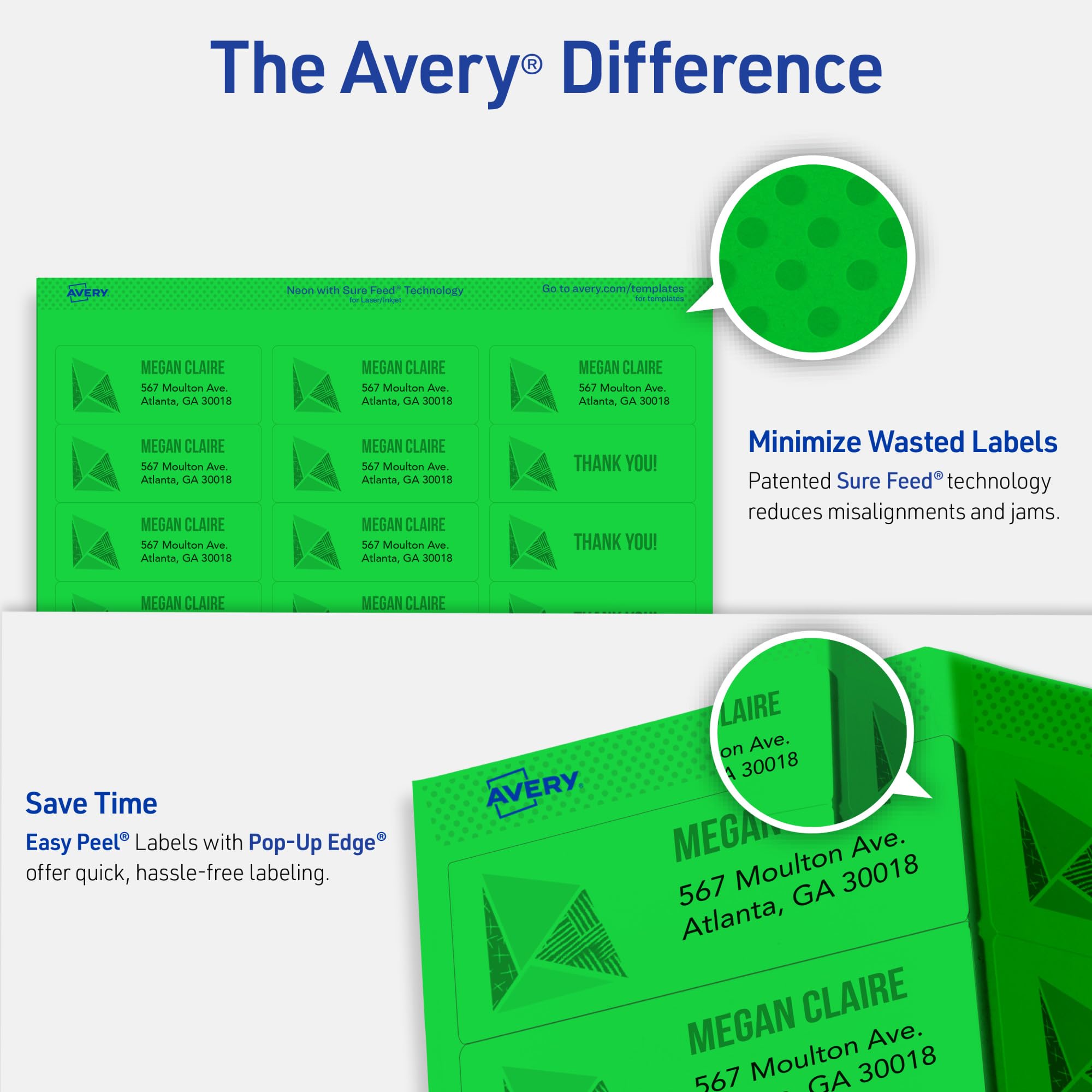 Avery Printable Address Labels with Sure Feed, 1" x 2-5/8", Neon Green, Laser & Inkjet Compatible, 750 Blank Labels per Pack, Great for Branding, Mailing, Organizing, and More (5-Pack of 5971)