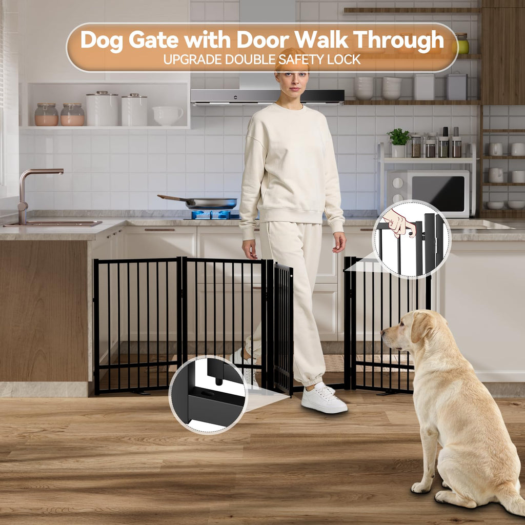 SNUOWU Full Metal Freestanding Dog Gate with Door, 24'' Height Foldable Pet Dog Fence for Indoor & Outdoor, 2 Panels Extra Wide Free Standing SmallDog Gates for Doorways,House,Stairs,Porch,Deck,Yard