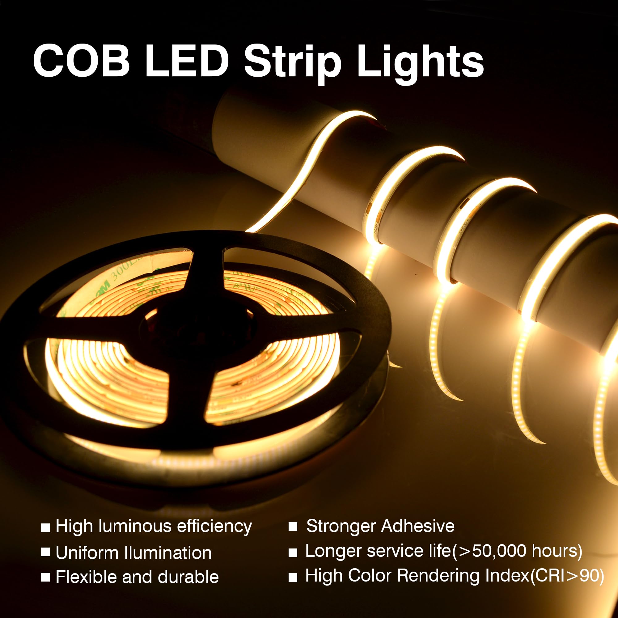 Pandery COB LED Strip,LED Strip Lights 3M/9.84ft,Touch Dimmable LED Strips,CRI90+,2700K Warm White cob led,960LEDs,24V LED Tape Lights,Indoor for Bedroom, Kitchen, TV, Mirror,Cabinet
