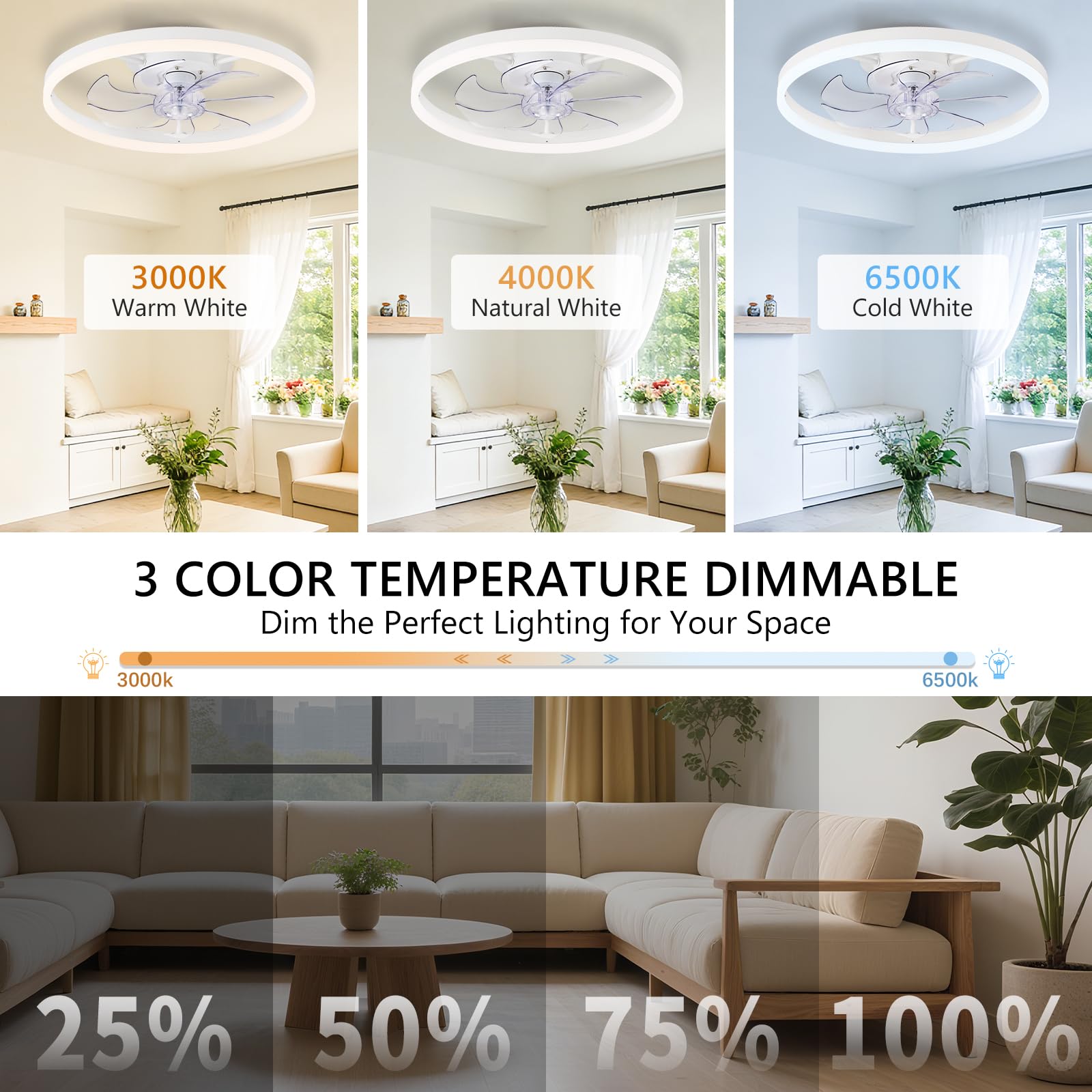 16 Inch RGB Low Profile Ceiling Fans with Lights, Modern Flush Mount Fandelier Chandelier Fixture, Remote & APP Control, Black LED Ceiling Fan Light for Bedroom, Living Room, Kitchen Indoor