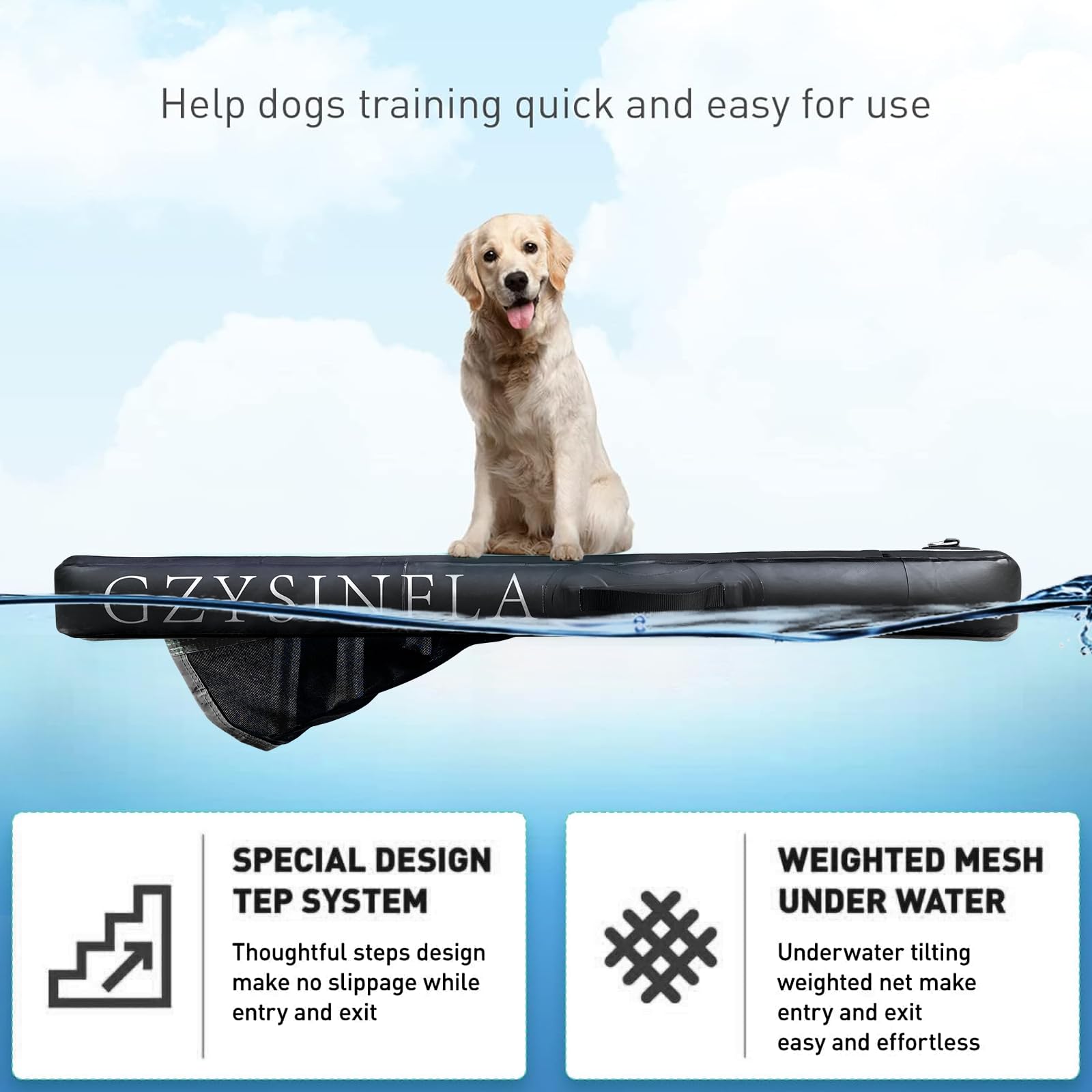 Inflatable Large Dog Water Ramp Float Floating Ramp-Swimming Pets Up to 200 Pounds Large Dogs-Inflatable Stairs for Boats, Docks, with Pump/Rope/Repair Kit - PVC Anti-Slip Fabric (Black)