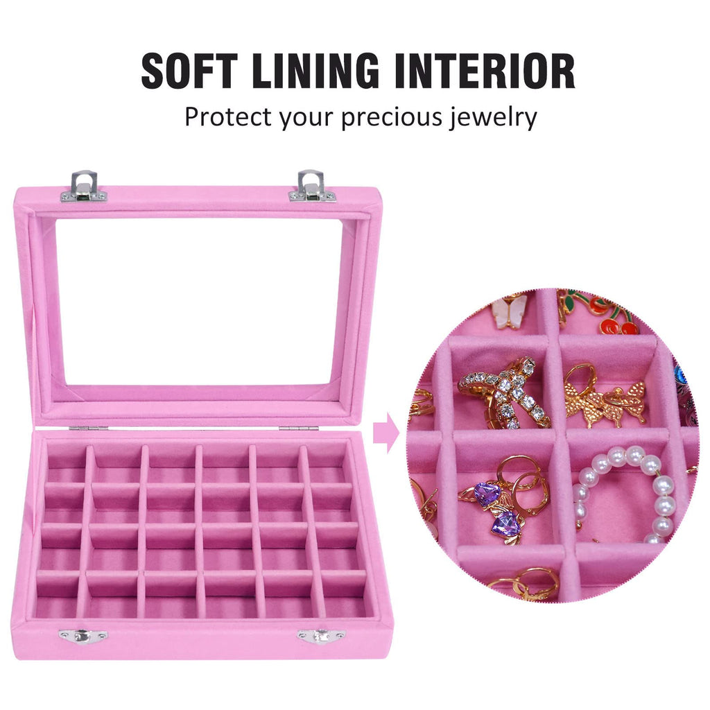 Vicoter Velvet Jewelry Box 24 Grid Jewelry Ring Display Organiser Box Tray Holder Earrings Storage Case for Girls Wife Mom Women (Beige)