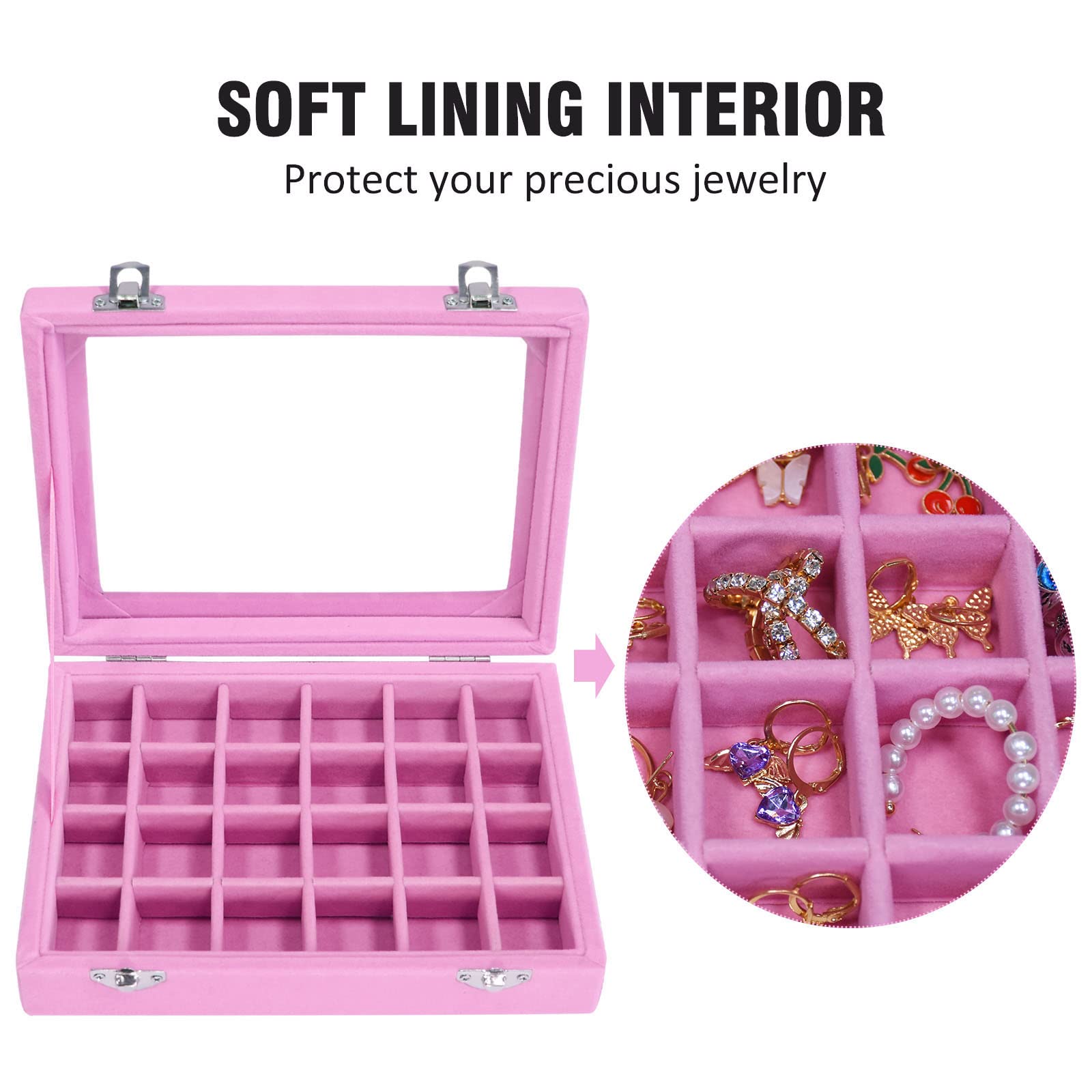Vicoter Velvet Jewelry Box 24 Grid Jewelry Ring Display Organiser Box Tray Holder Earrings Storage Case for Girls Wife Mom Women (Beige)