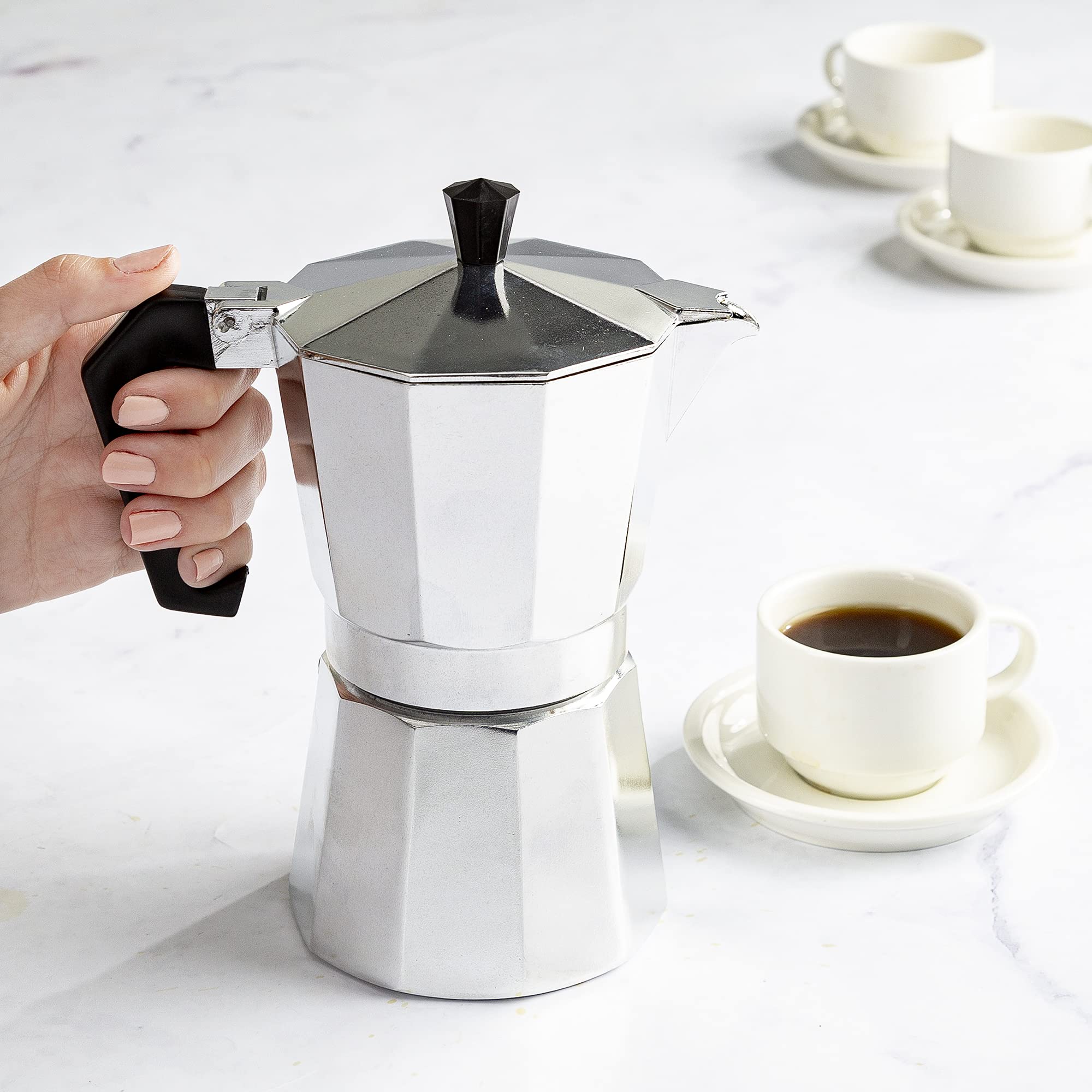 Primula Classic Moka Pot Stovetop Espresso and Coffee Maker, Italian and Cuban Cafetera for Rich Espresso Brewing, Durable Aluminum Greca Coffee Maker with Easy Grip Handle, 6-Cup, Black