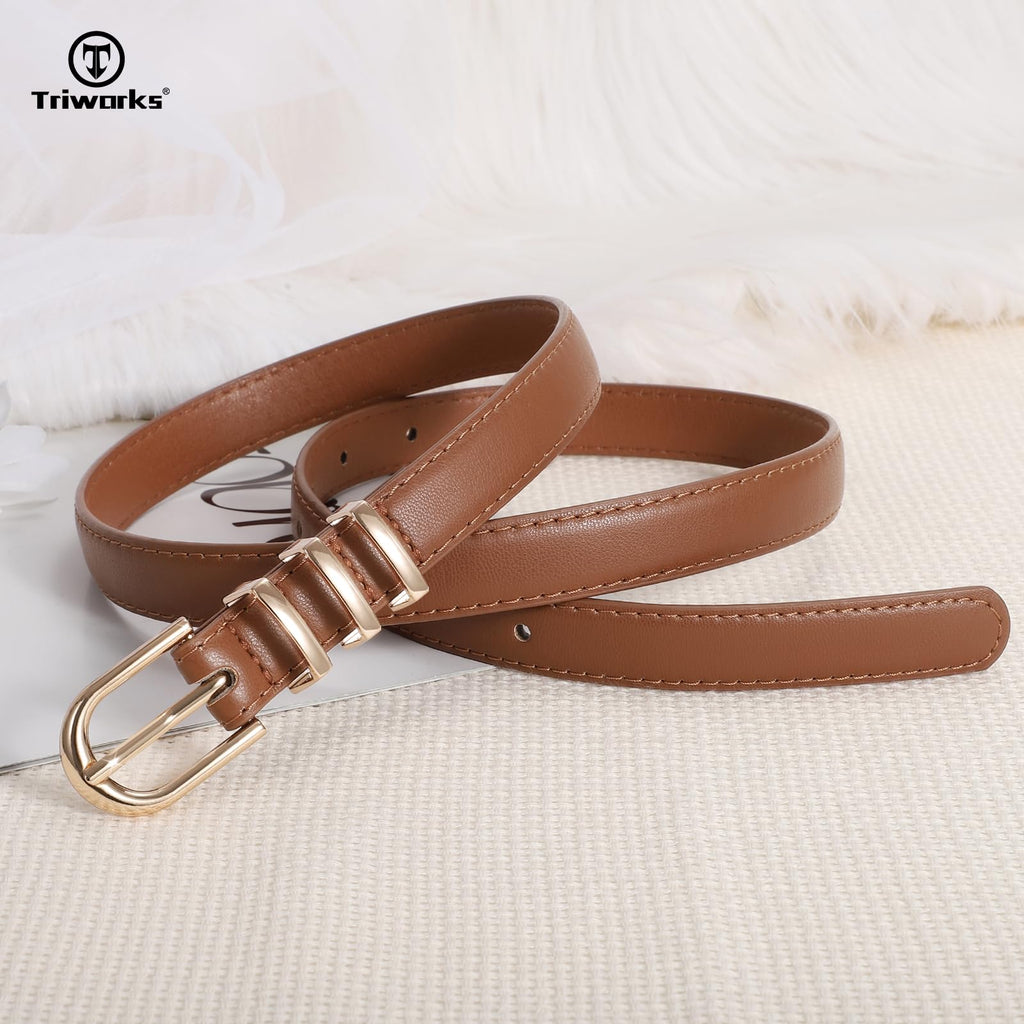 TRIWORKS 2 Pack Women Skinny Leather Belts for Jeans Pants Thin Faux Leather Belt with Gold Buckle