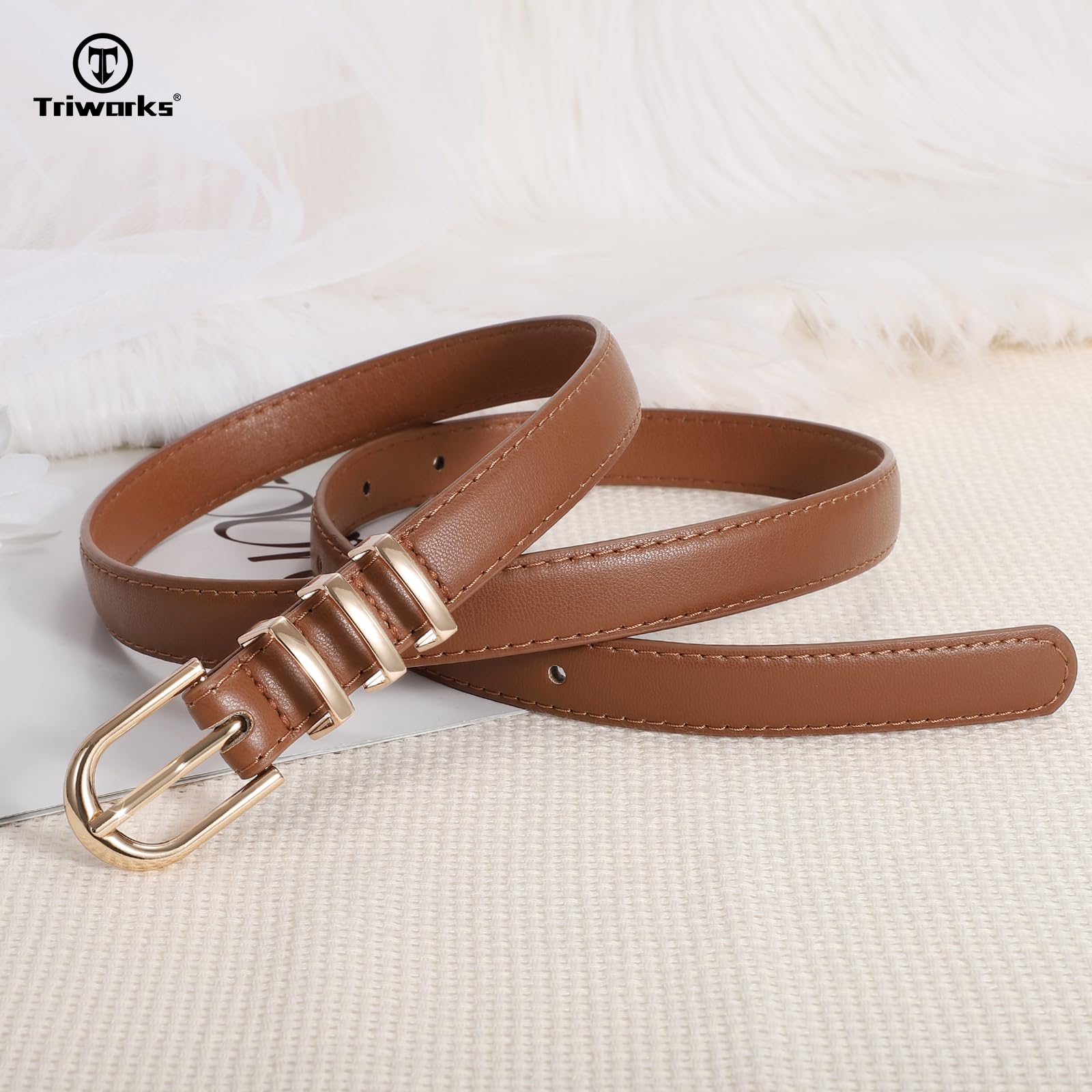 TRIWORKS 2 Pack Women Skinny Leather Belts for Jeans Pants Thin Faux Leather Belt with Gold Buckle