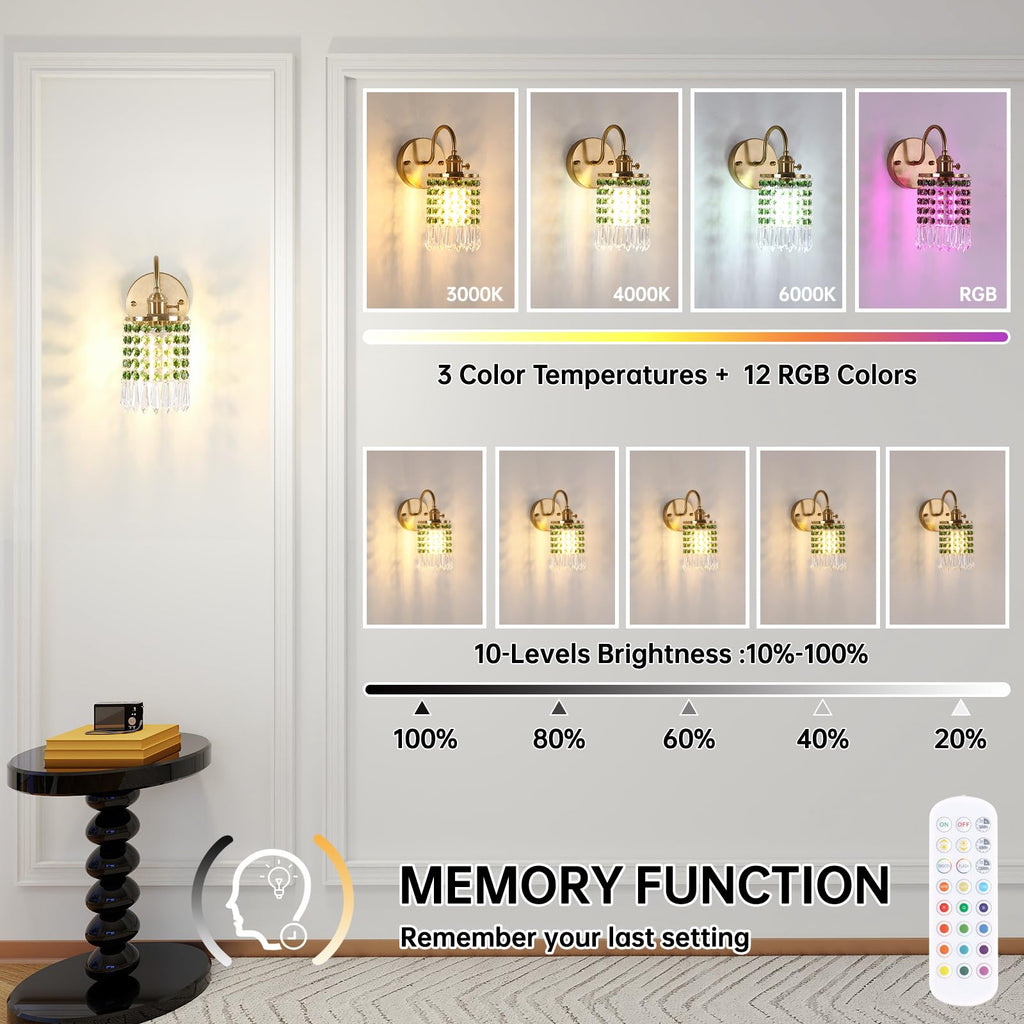 Shenmoyl Set of 2 Crystal Battery Operated Wall Sconce, Rechargeable Battery Powered Wall Lamp with Remote Control, Modern Dimmable Wall Lights for Bedroom Bathroom(Green, Gold Base)
