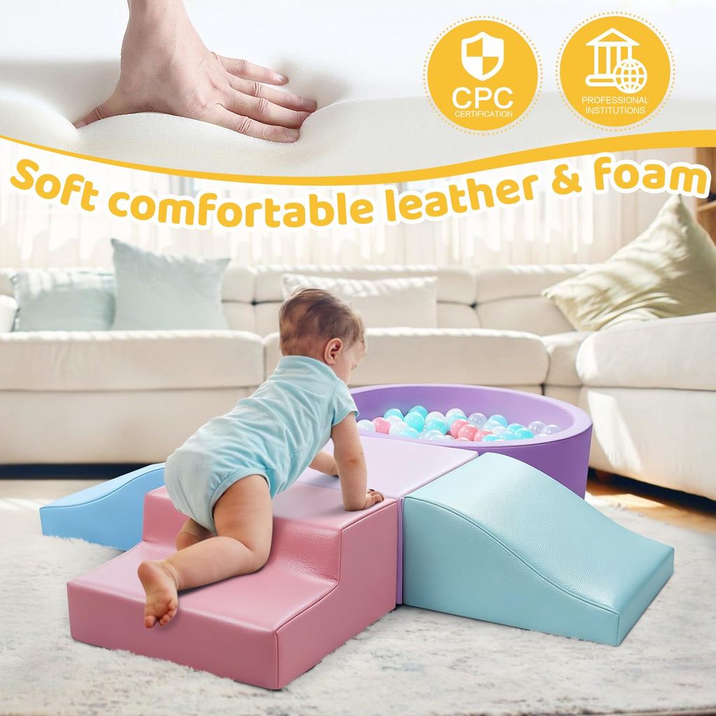 Foam Climbing Blocks for Toddler: with 4-Piece PU Leather Climbing Toys and a Ball Pit - Foam Ball Pit for Toddlers - Climbing Toys Indoor for Kids Crawling (Beige/Ivory Climbing Blocks)