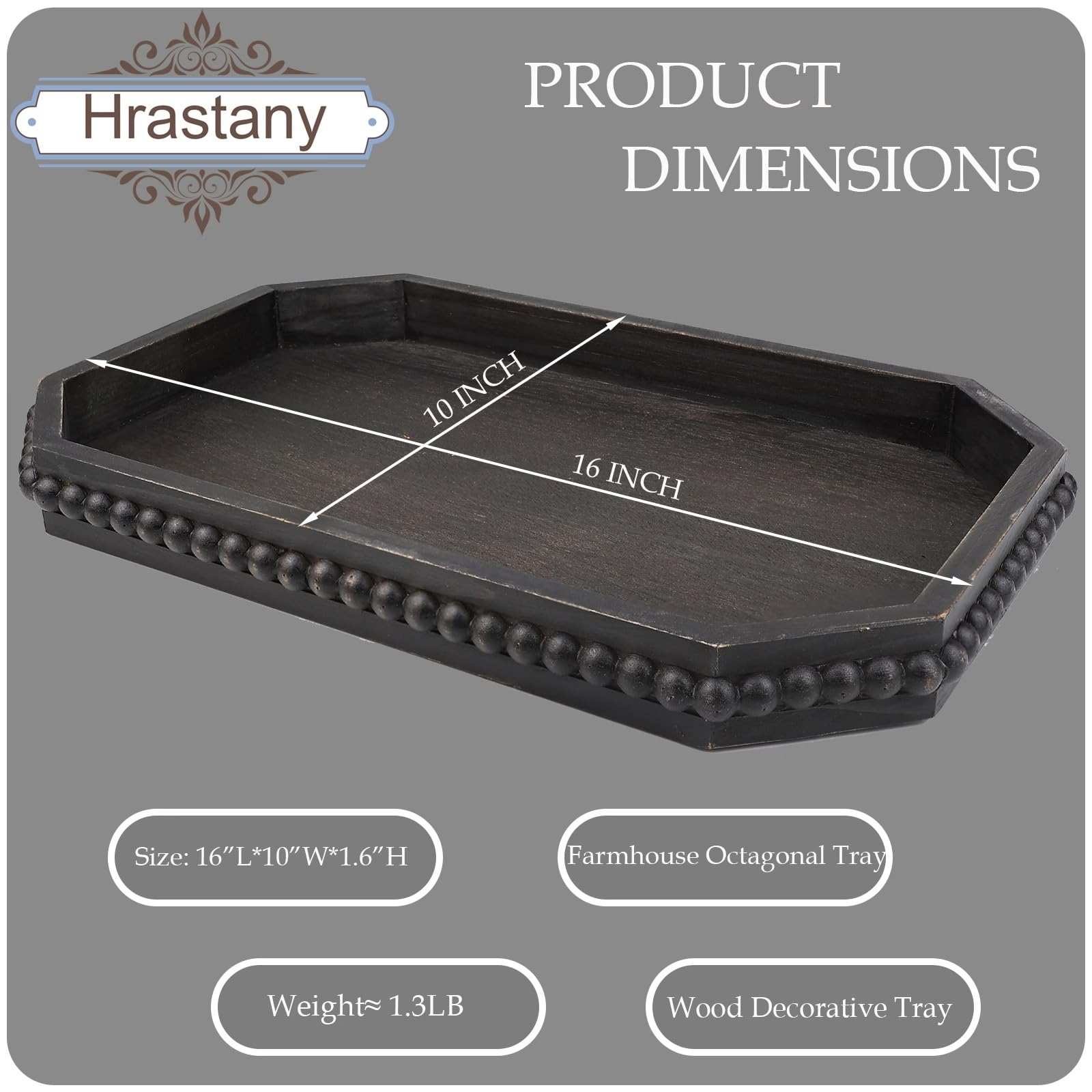 Hrastany Wood Rustic Serving Tray with Beads, Farmhouse Black Decorative Tray for Table Centerpiece, Christmas Wedding Halloween Home Decor